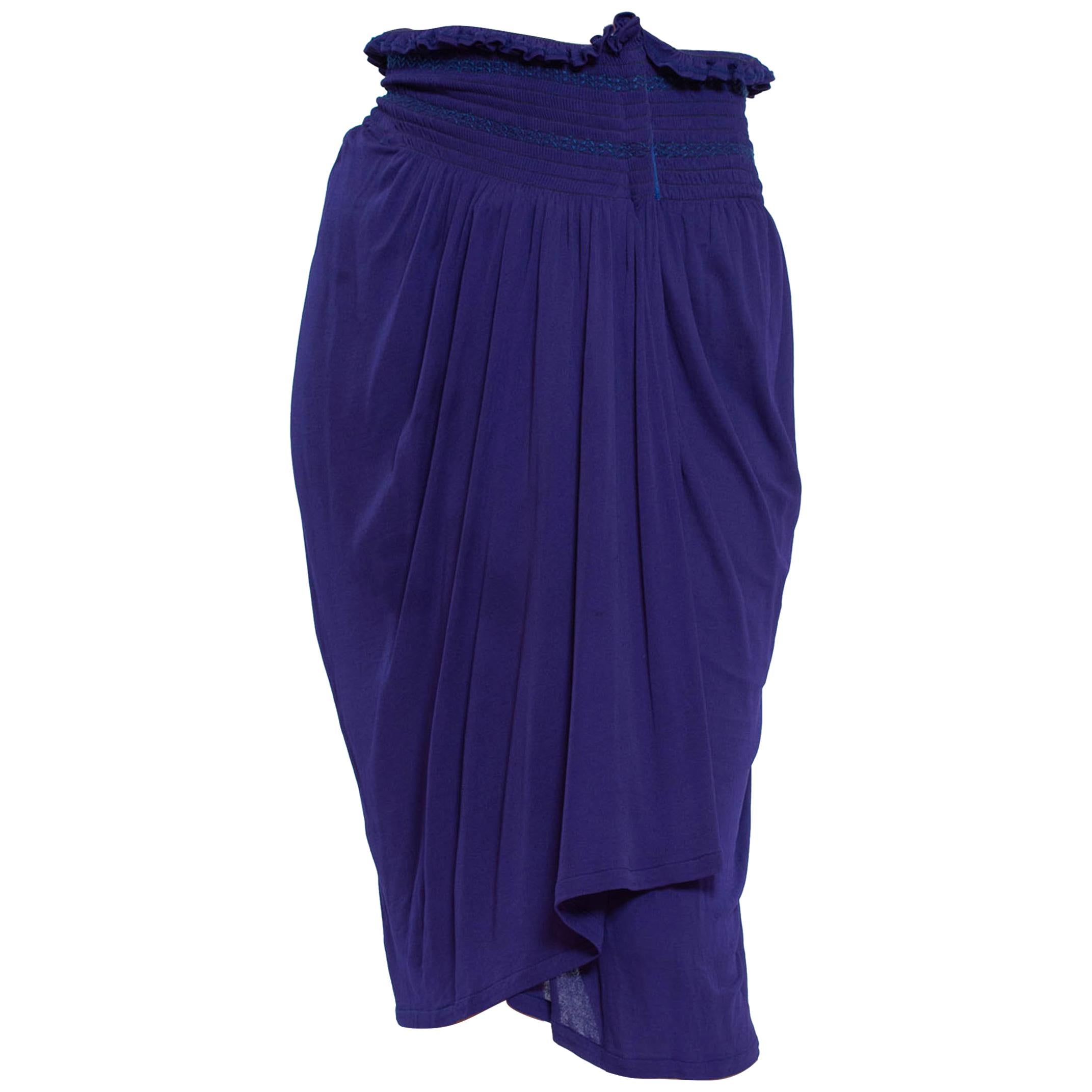 1990S KENZO Purple Blue Viscose Jersey Wrap Skirt With Smocked Waist For Sale