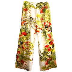 1990s Kenzo Wide Leg Silk Floral Print Trousers 