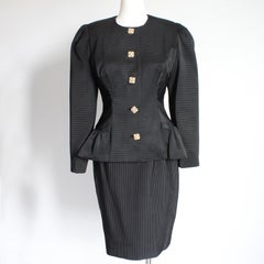 1990s Kevan Hall Couture Two-Piece Suit Black Peplum Jacket & Pencil Skirt Rare