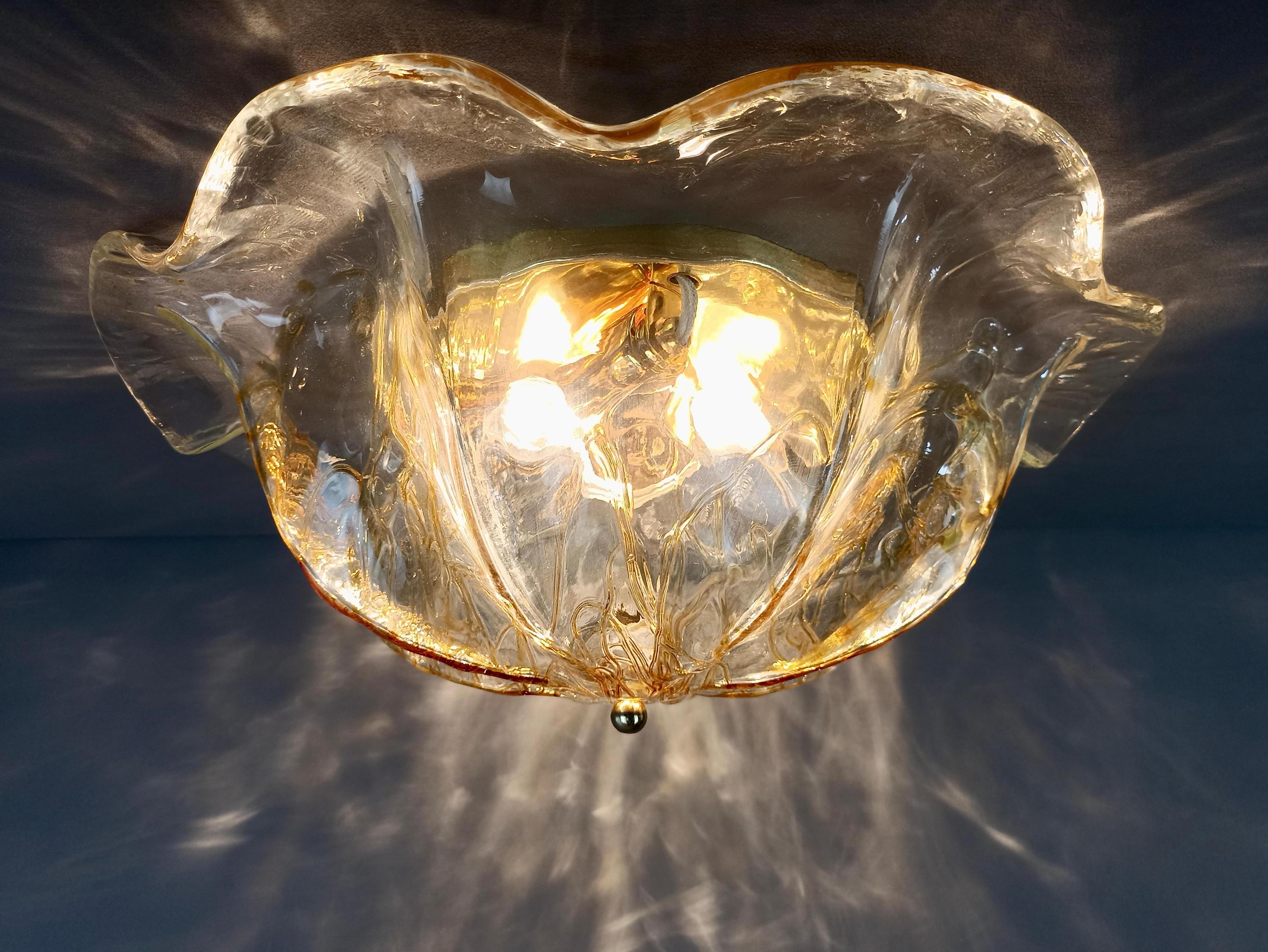 1990s La Murrina Murano hand-blown art glass three-light ceiling lamp. Signed. 3