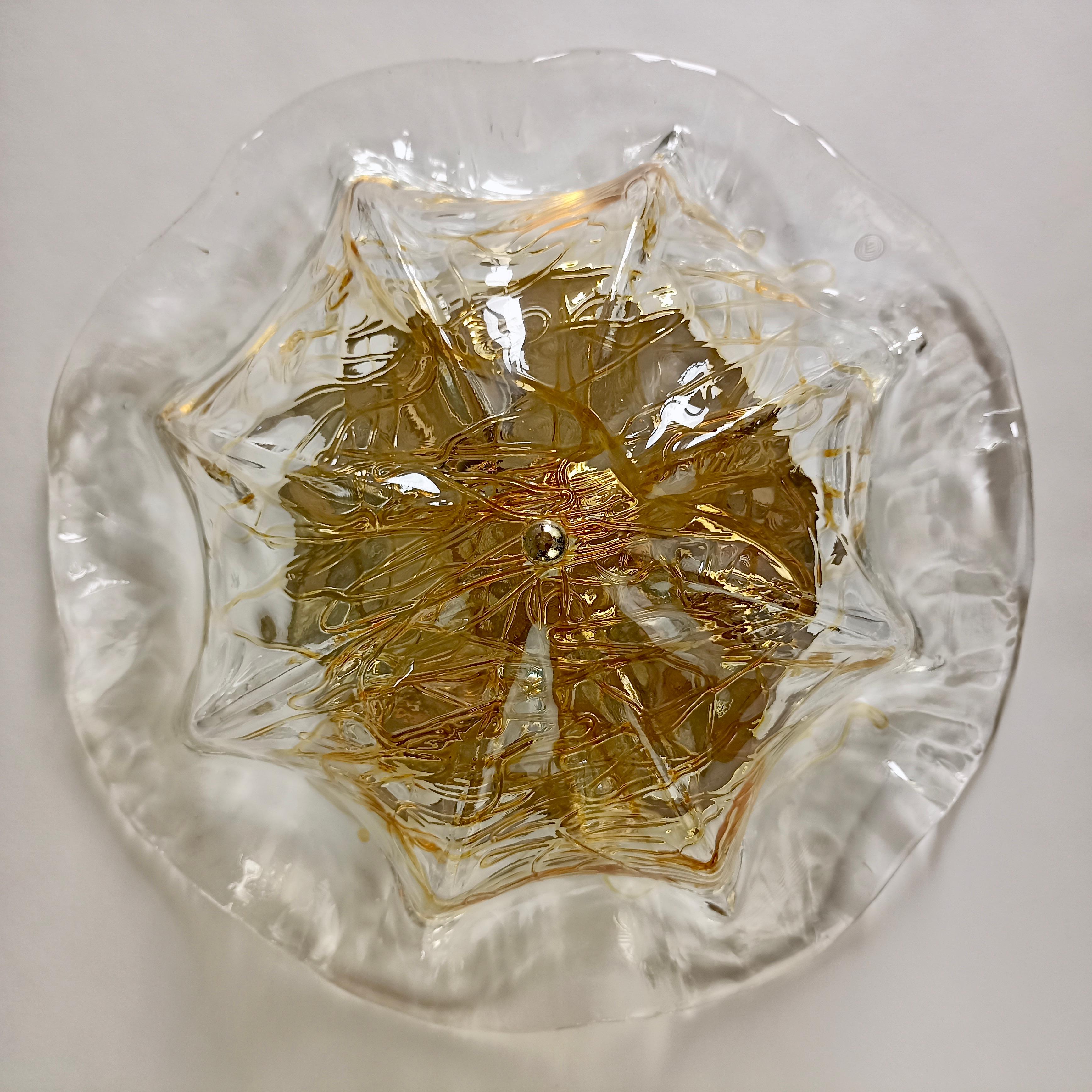 Italian 1990s La Murrina Murano hand-blown art glass three-light ceiling lamp. Signed.