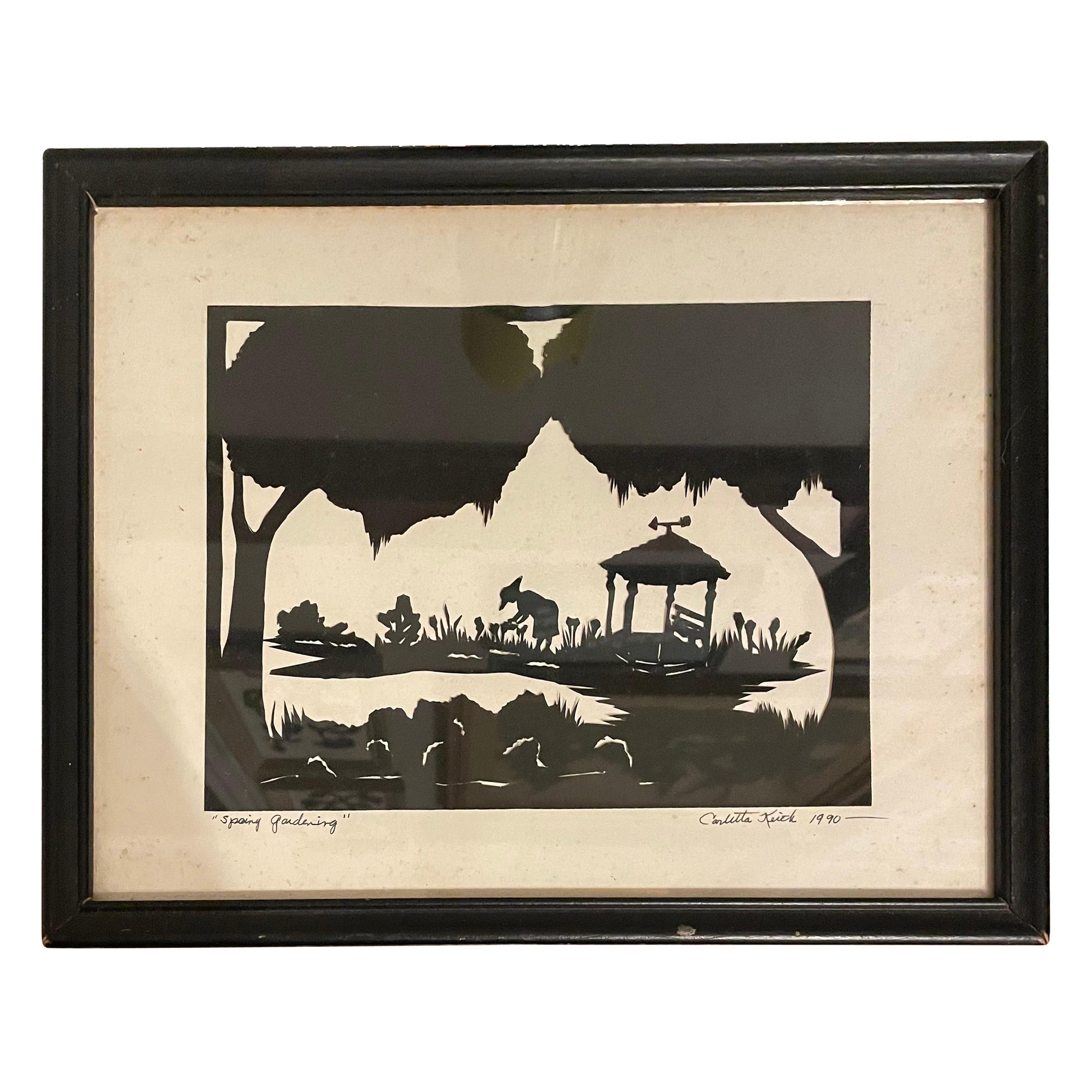 Silhouette de femme en train de jardiner dans un cadre noir, années 1990 en vente