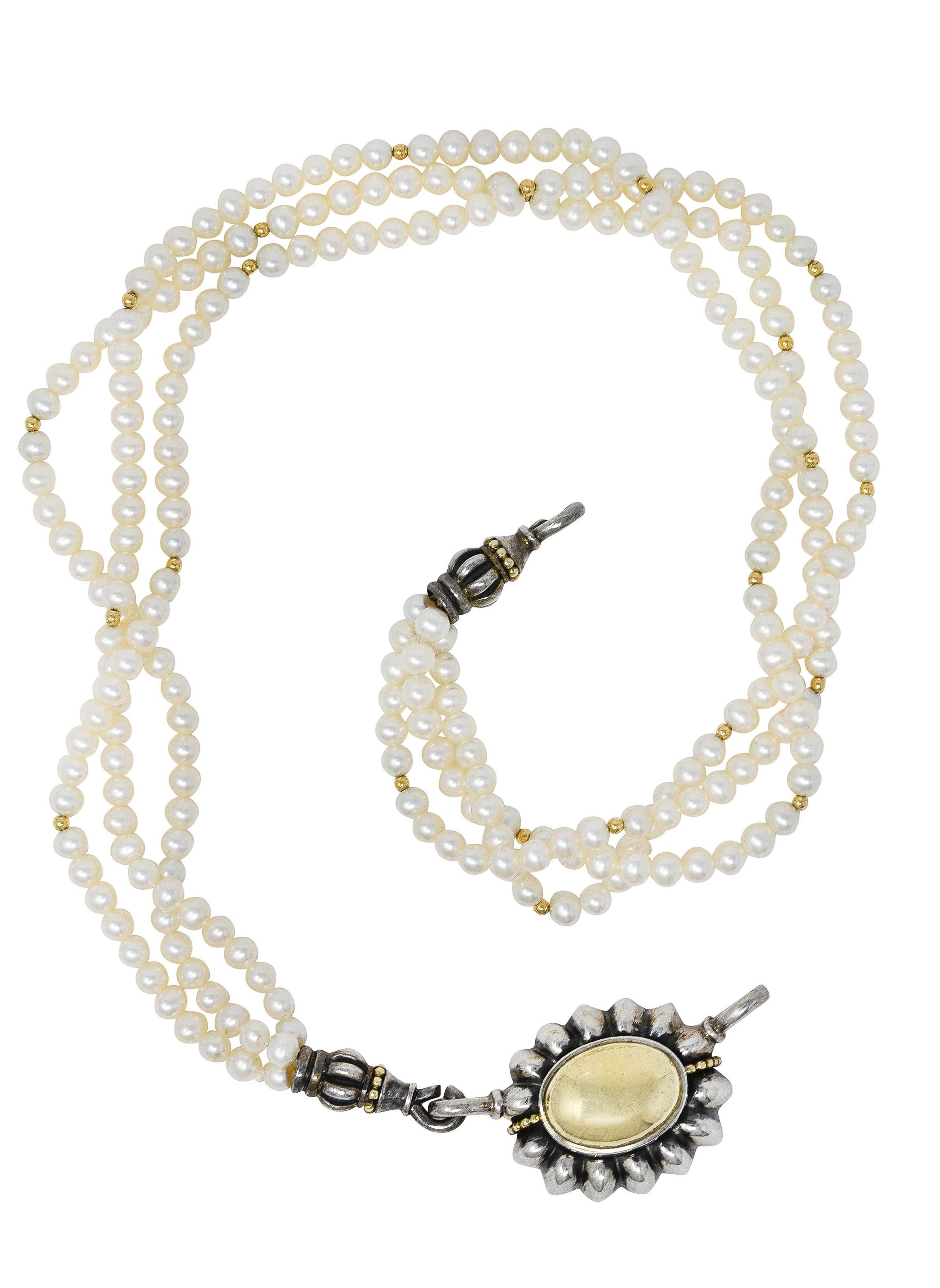 Convertible necklace designed as three strands of 3.0 mm pearls with enhancer pendant

Well matched white in body color with moderate to strong rosè overtones and very good luster

Accented by gold spacer beads and ornate ridged terminals
