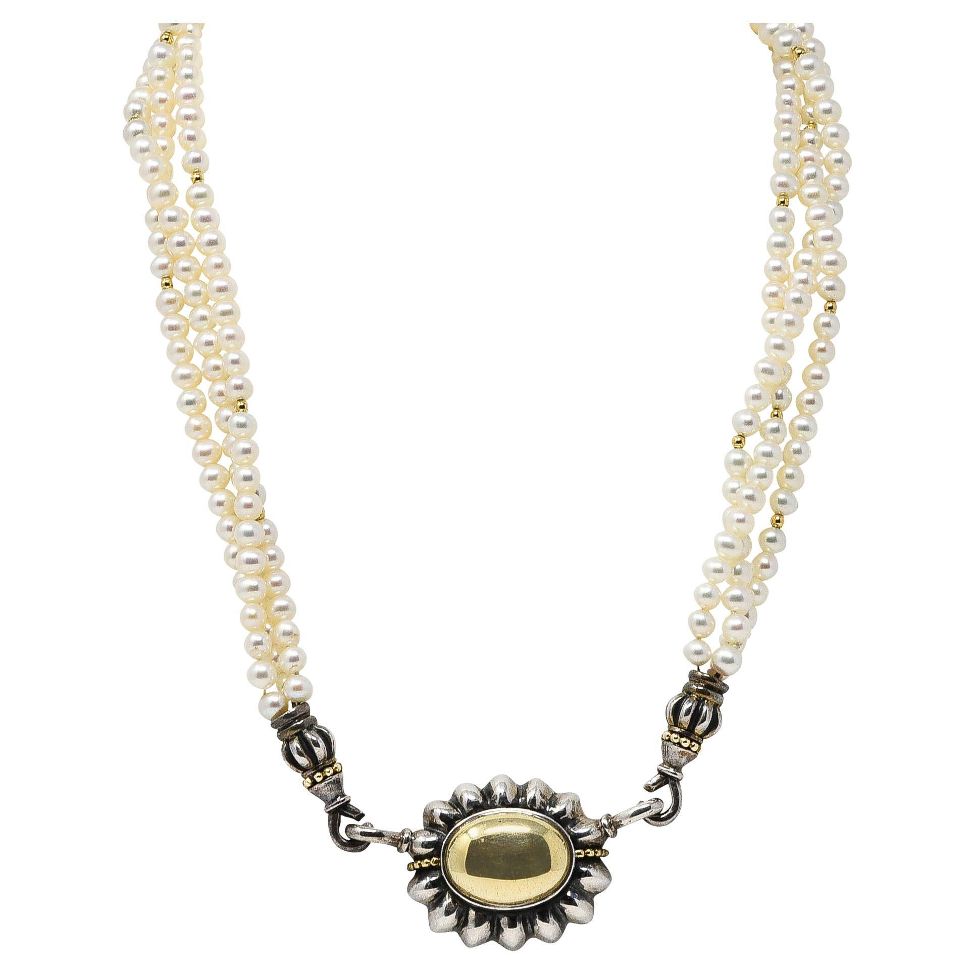 1990's Lagos Pearl 18 Karat Gold Sterling Silver Luna Three Strand Necklace