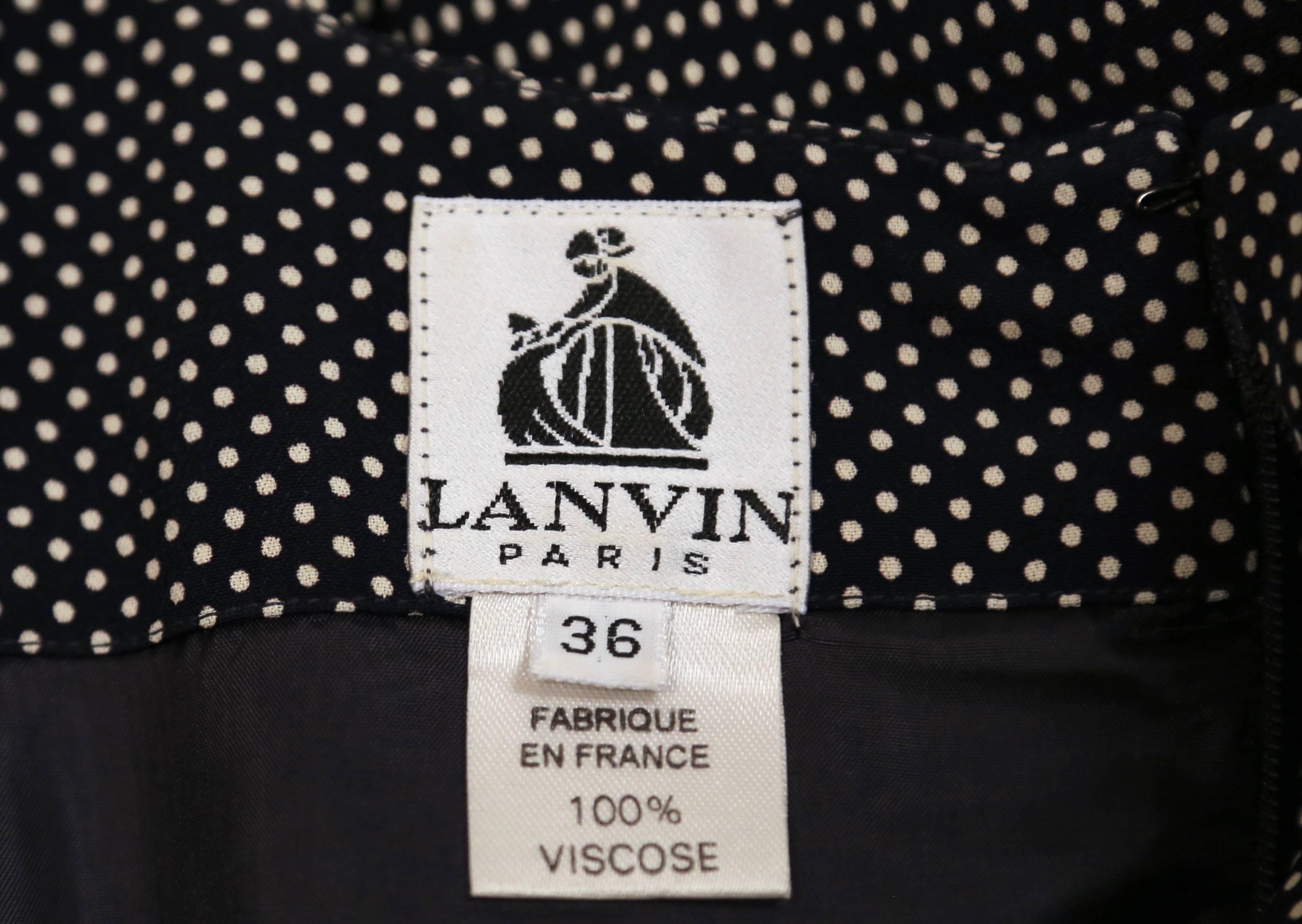 Lanvin - Robe à pois bleu marine avec manches trois-quarts, années 1990 en vente 1