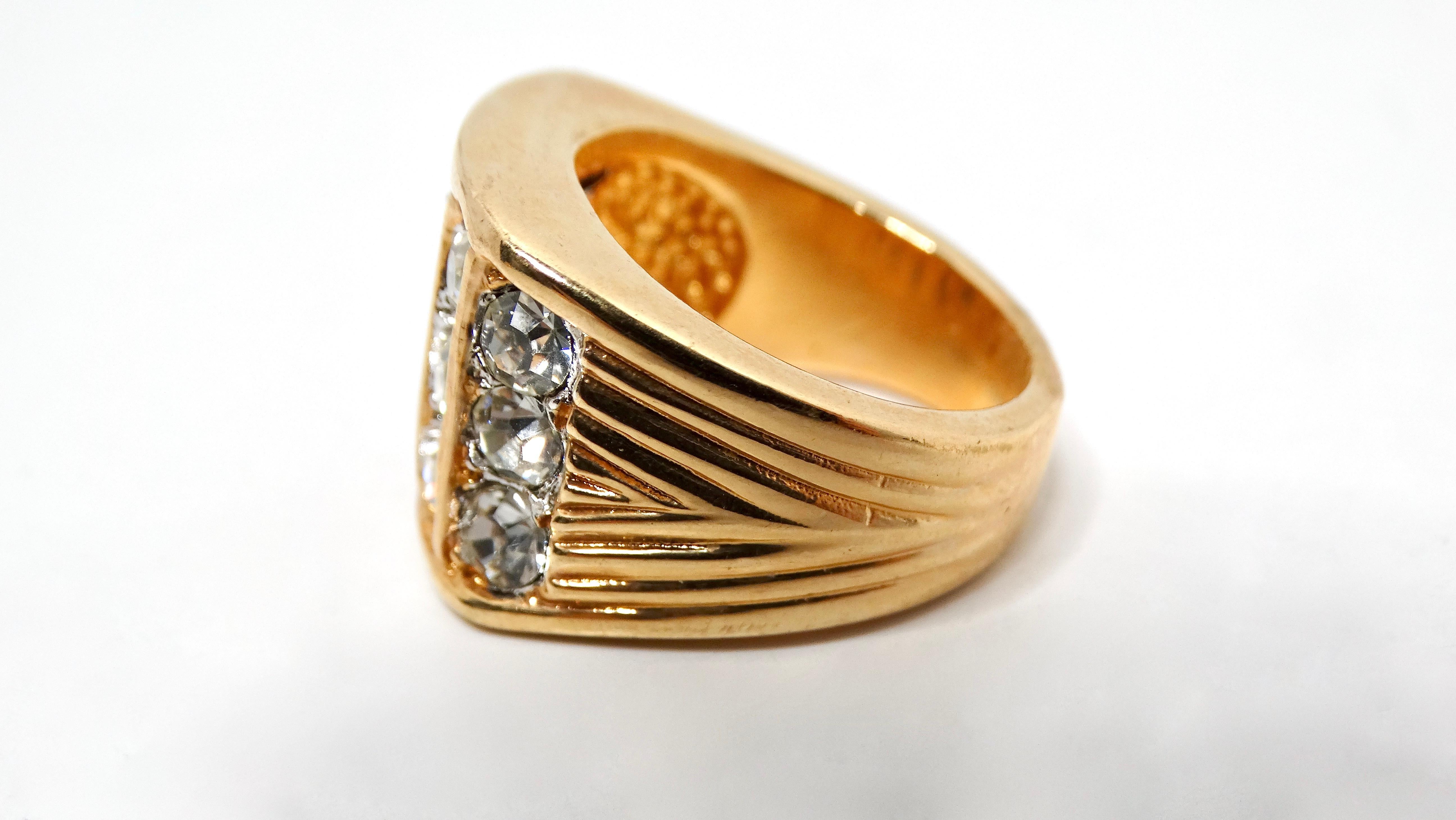 1990s Large 18k Gold Plated Linear Synthetic Crystal 5-Row Cocktail Ring In Good Condition For Sale In Scottsdale, AZ