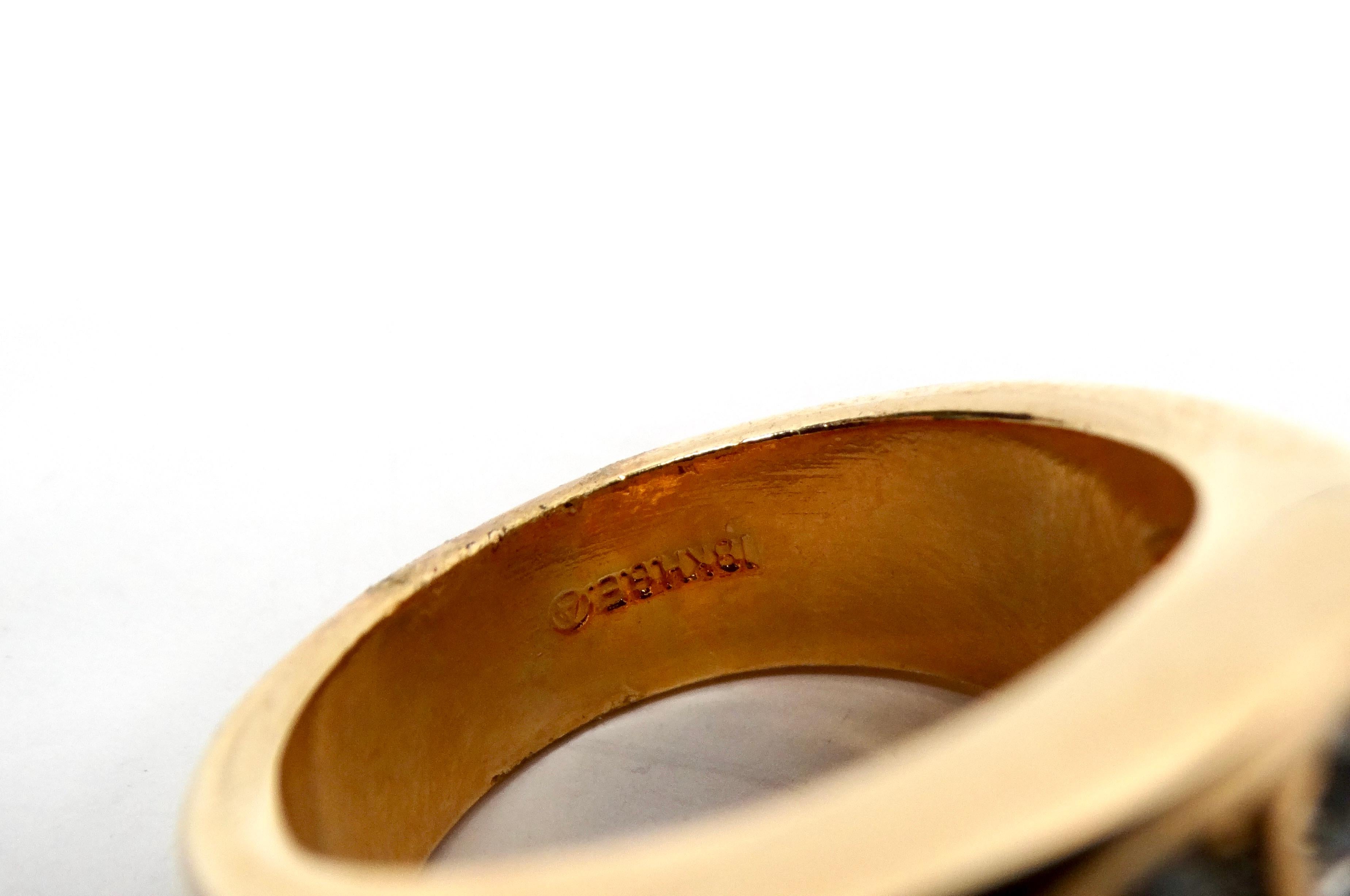 1990s Large 18k Gold Plated Linear Synthetic Crystal 5-Row Cocktail Ring For Sale 1