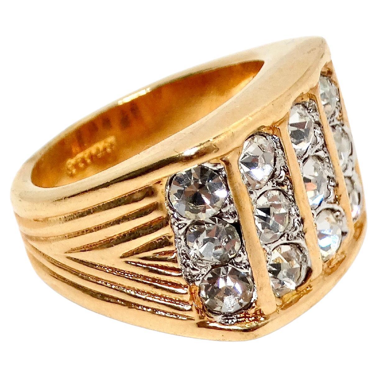 1990s Large 18k Gold Plated Linear Synthetic Crystal 5-Row Cocktail Ring