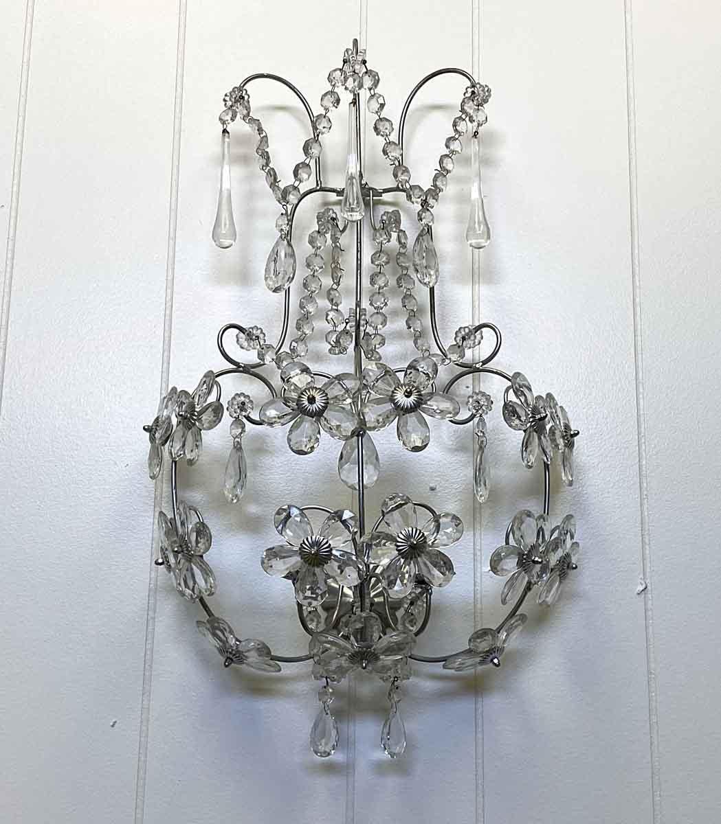 1990s Large 2 Socket Silver Leaf and Floral Crystal Sconce In Good Condition In New York, NY