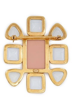 1990s Large Chanel Gold Gripoix Glass and Enamel CC Brooch