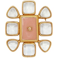 1990s Large Chanel Gold Plated Gripoix Glass and Rose Enamel CC Brooch at  1stDibs