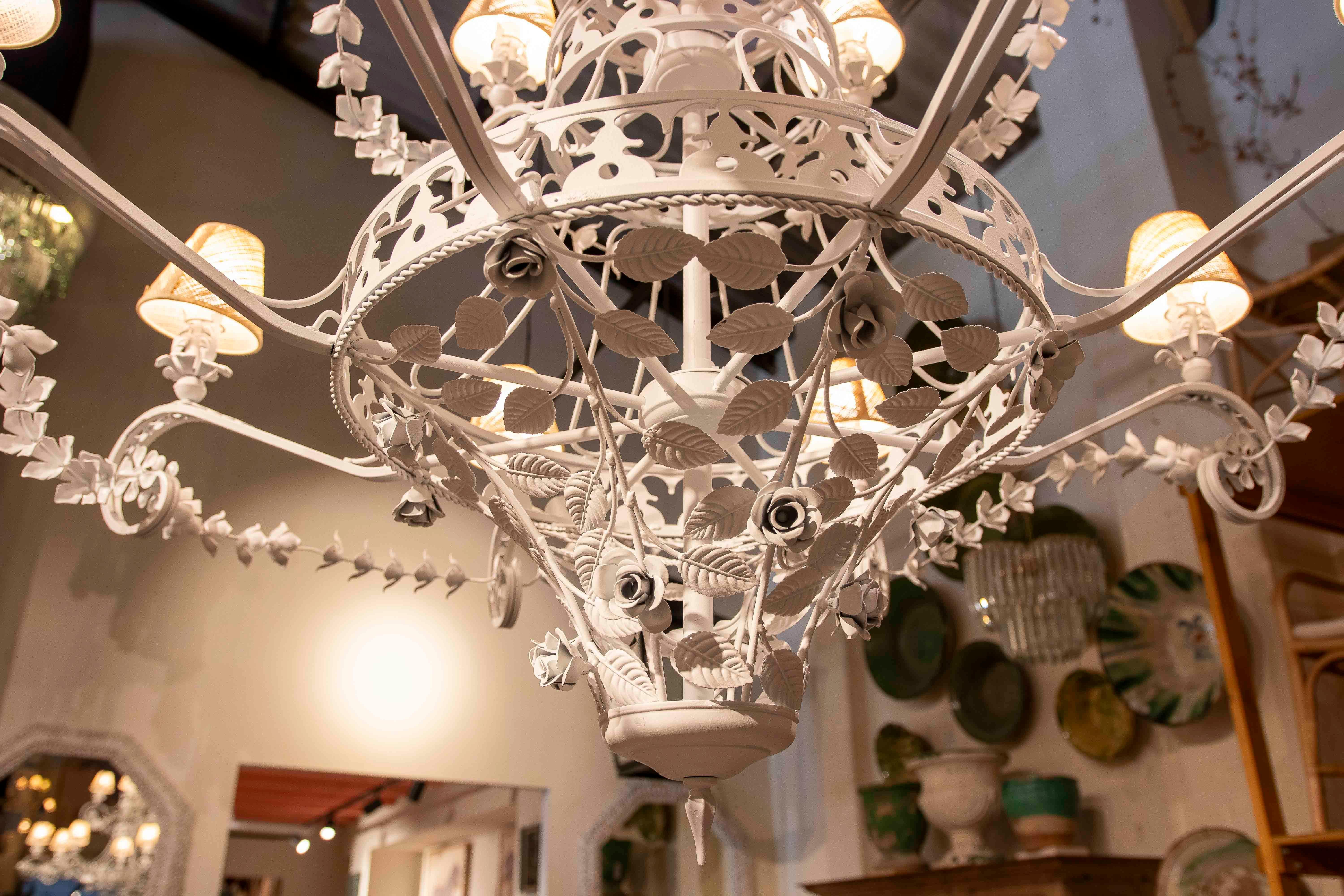 1990s Large Crown Style Ceiling Lamp in White Iron with Leaves For Sale 7