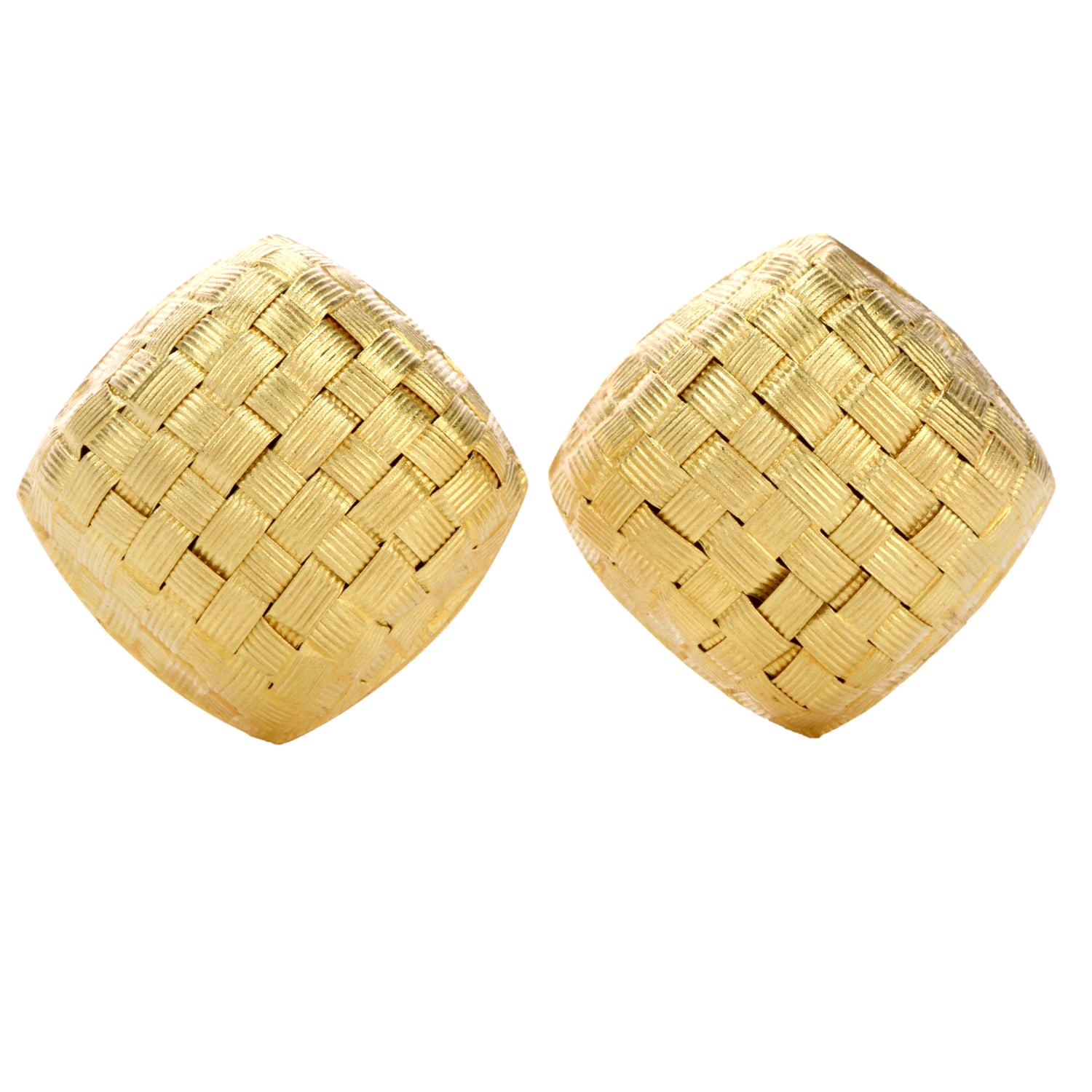 1990s Large Italian 18 Karat Gold Woven Square Clip-On Earrings