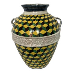 1990s Large Italian Hand-Painted Yellow & Green Ceramic Urn with Two Handles