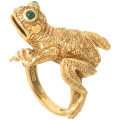 Retro 1990s Large Kurt Wayne Whimsical Gem Set Gold Frog Ring