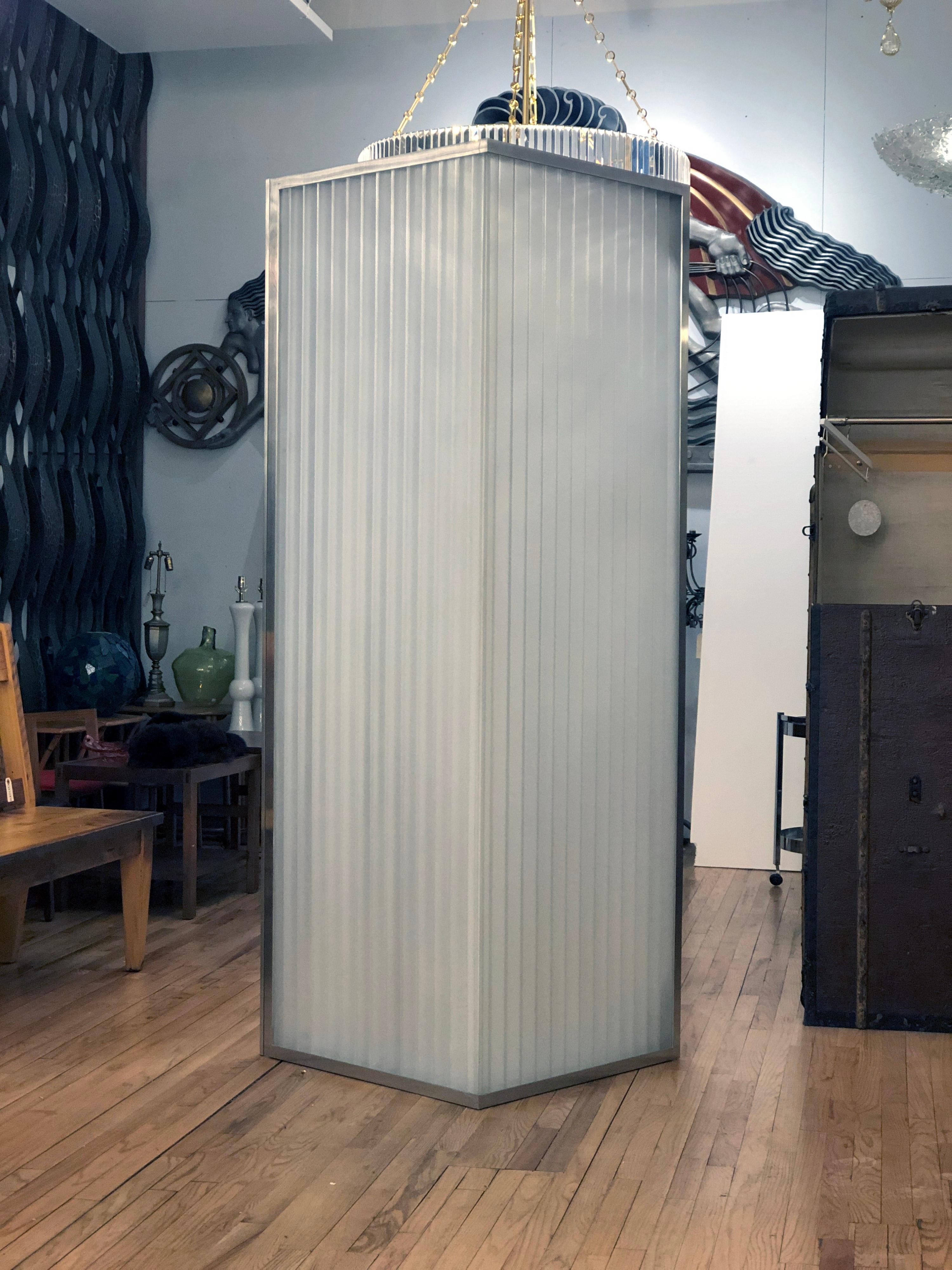 Industrial 1990s Large Moveable Corrugated Translucent Glass Panel 90 Degree Angle Frame For Sale