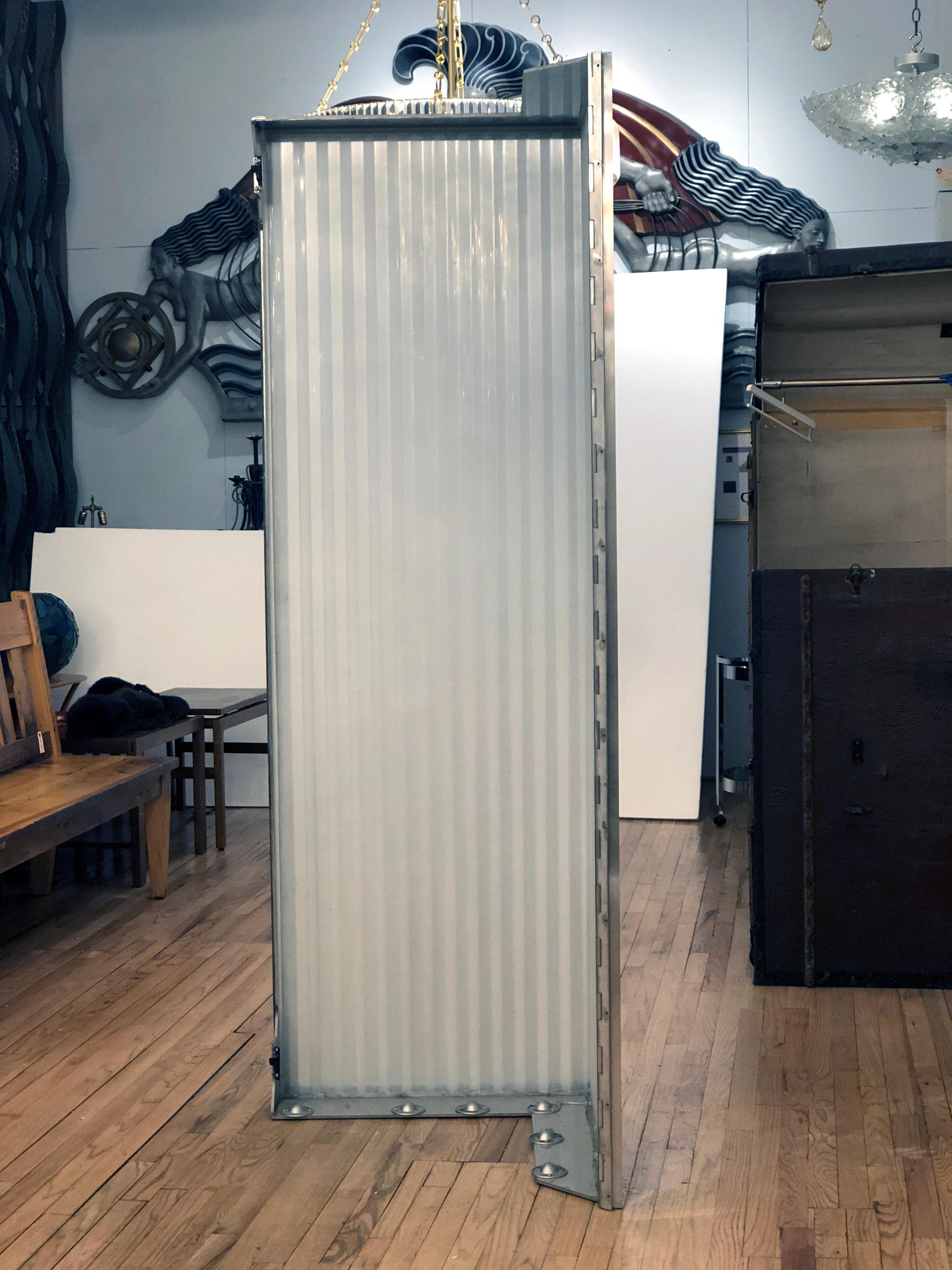 Brushed 1990s Large Moveable Corrugated Translucent Glass Panel 90 Degree Angle Frame For Sale