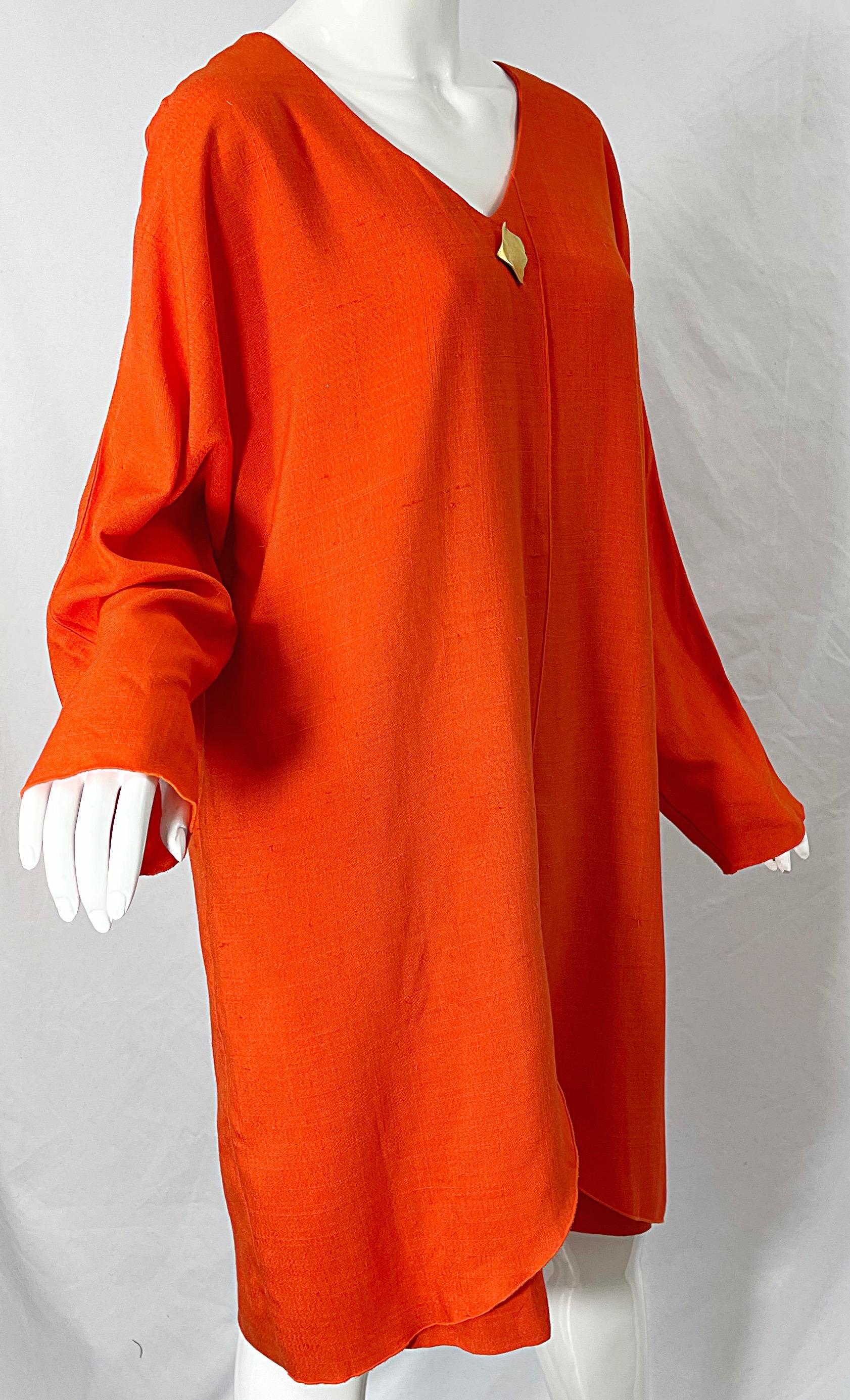 1990s Large Plus Size Burnt Orange Linen Dolman Sleeve Vintage 90s Tunic Dress For Sale 5