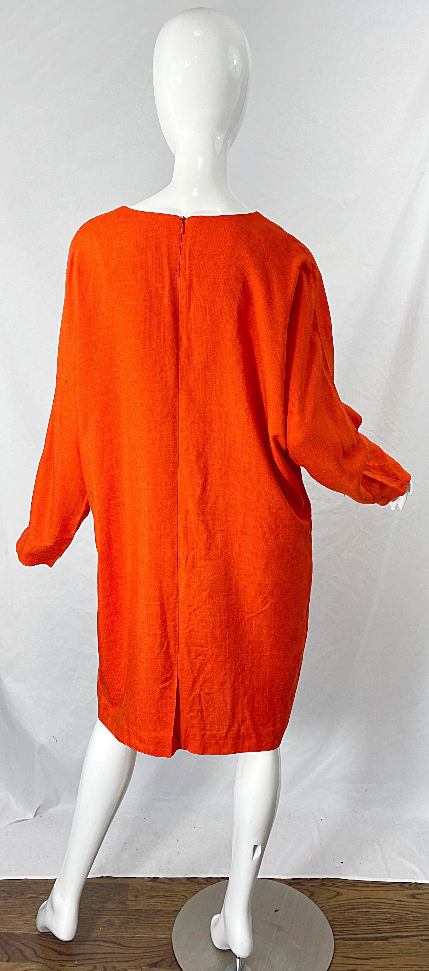 1990s Large Plus Size Burnt Orange Linen Dolman Sleeve Vintage 90s Tunic Dress For Sale 6