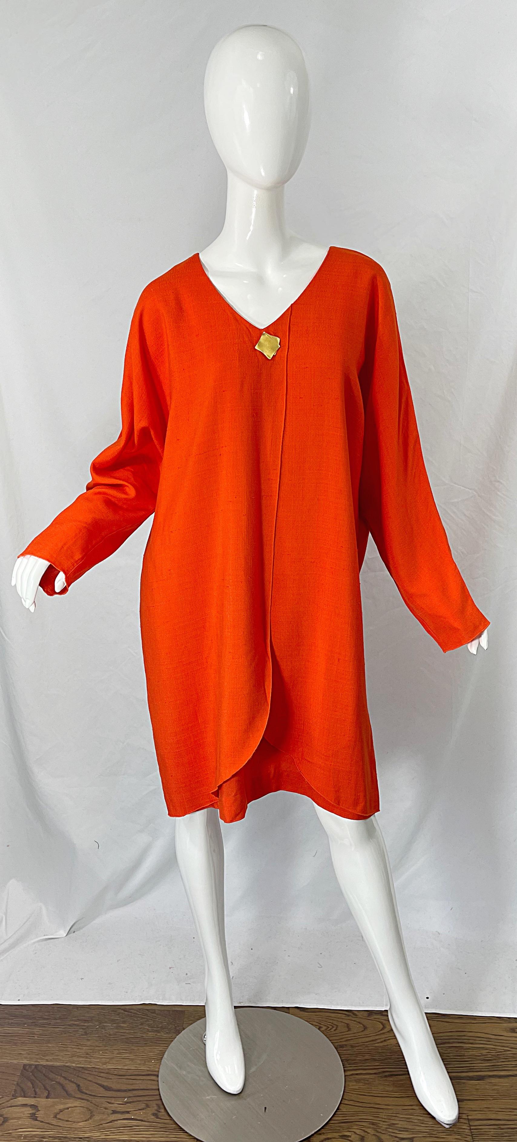 1990s Large Plus Size Burnt Orange Linen Dolman Sleeve Vintage 90s Tunic Dress For Sale 7