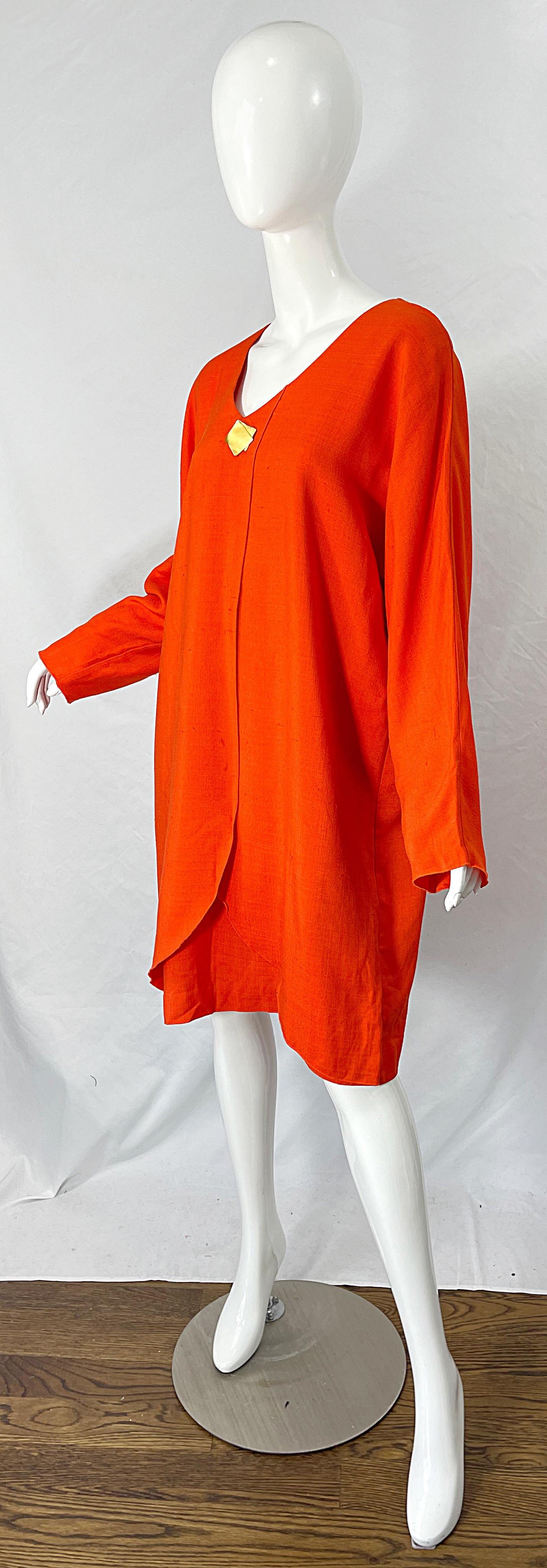 Red 1990s Large Plus Size Burnt Orange Linen Dolman Sleeve Vintage 90s Tunic Dress For Sale