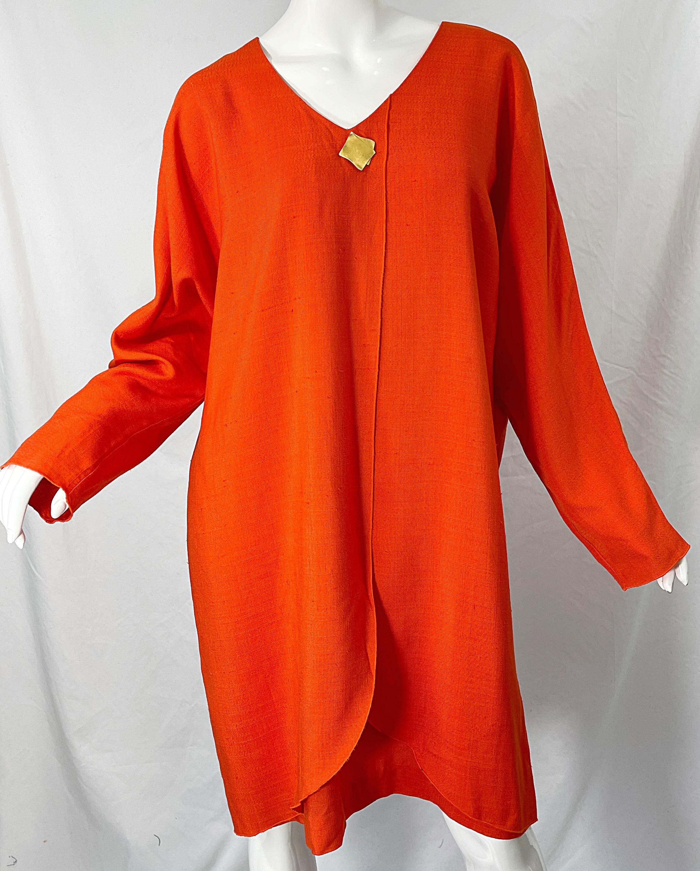 Women's 1990s Large Plus Size Burnt Orange Linen Dolman Sleeve Vintage 90s Tunic Dress For Sale