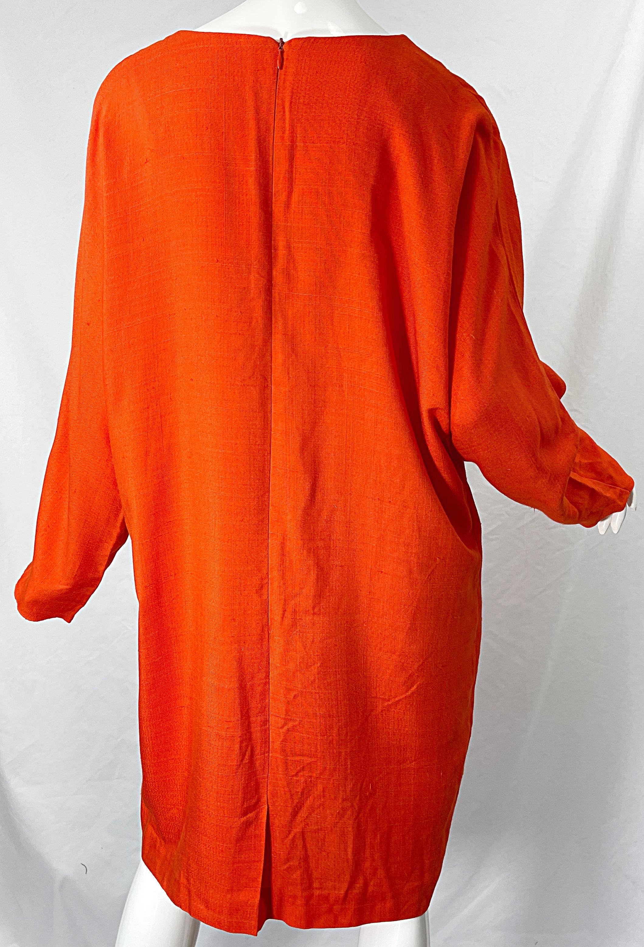 Red 1990s Large Plus Size Burnt Orange Linen Dolman Sleeve Vintage 90s Tunic Dress For Sale