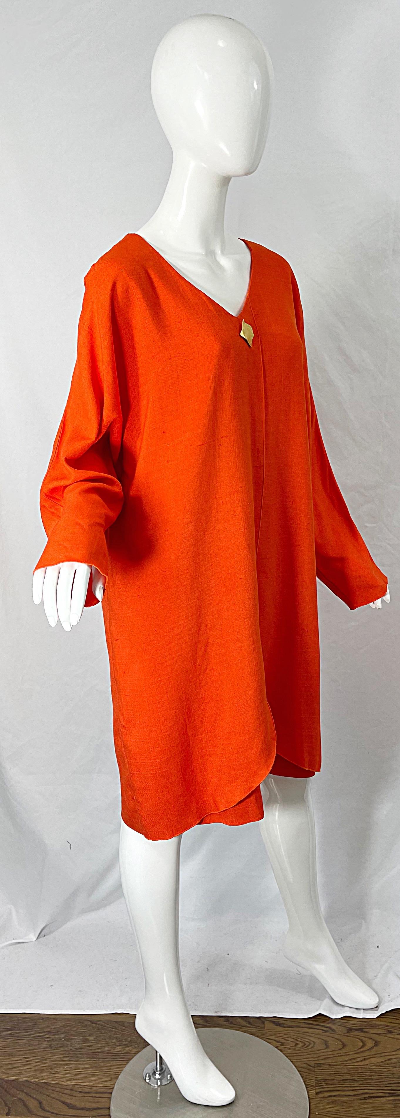 1990s Large Plus Size Burnt Orange Linen Dolman Sleeve Vintage 90s Tunic Dress For Sale 2