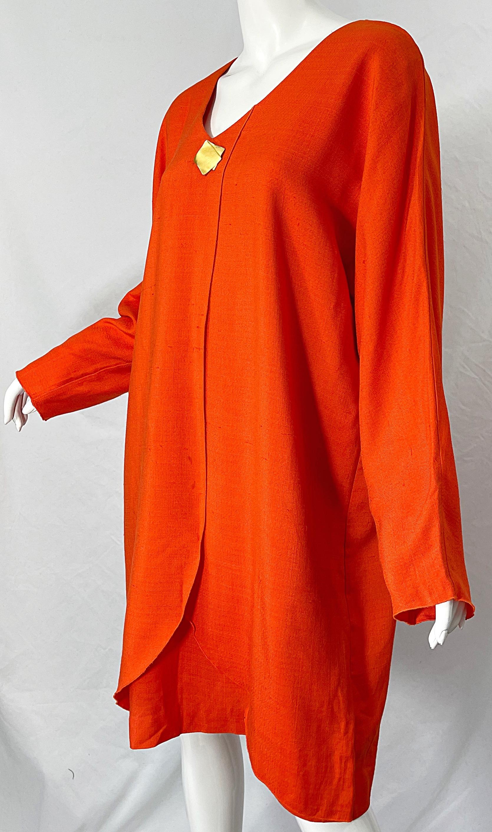1990s Large Plus Size Burnt Orange Linen Dolman Sleeve Vintage 90s Tunic Dress For Sale 3