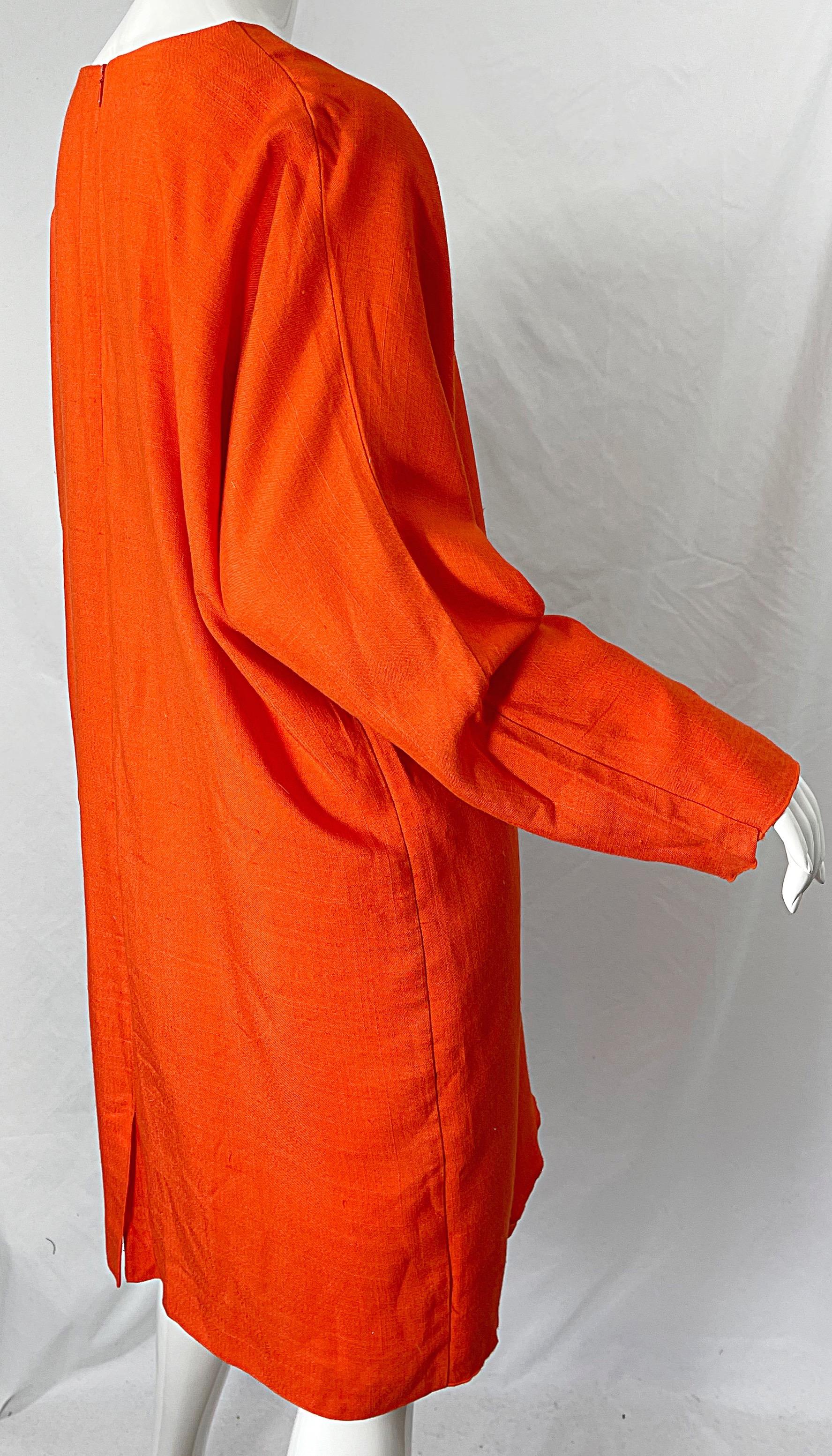 1990s Large Plus Size Burnt Orange Linen Dolman Sleeve Vintage 90s Tunic Dress For Sale 4