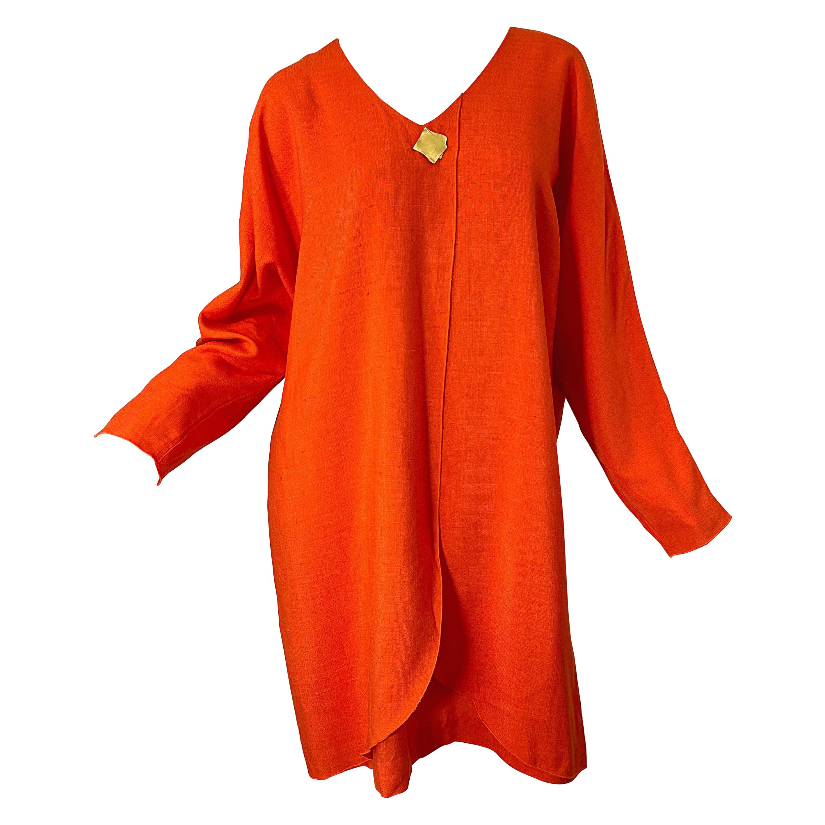 1990s Large Plus Size Burnt Orange Linen Dolman Sleeve Vintage 90s Tunic Dress For Sale