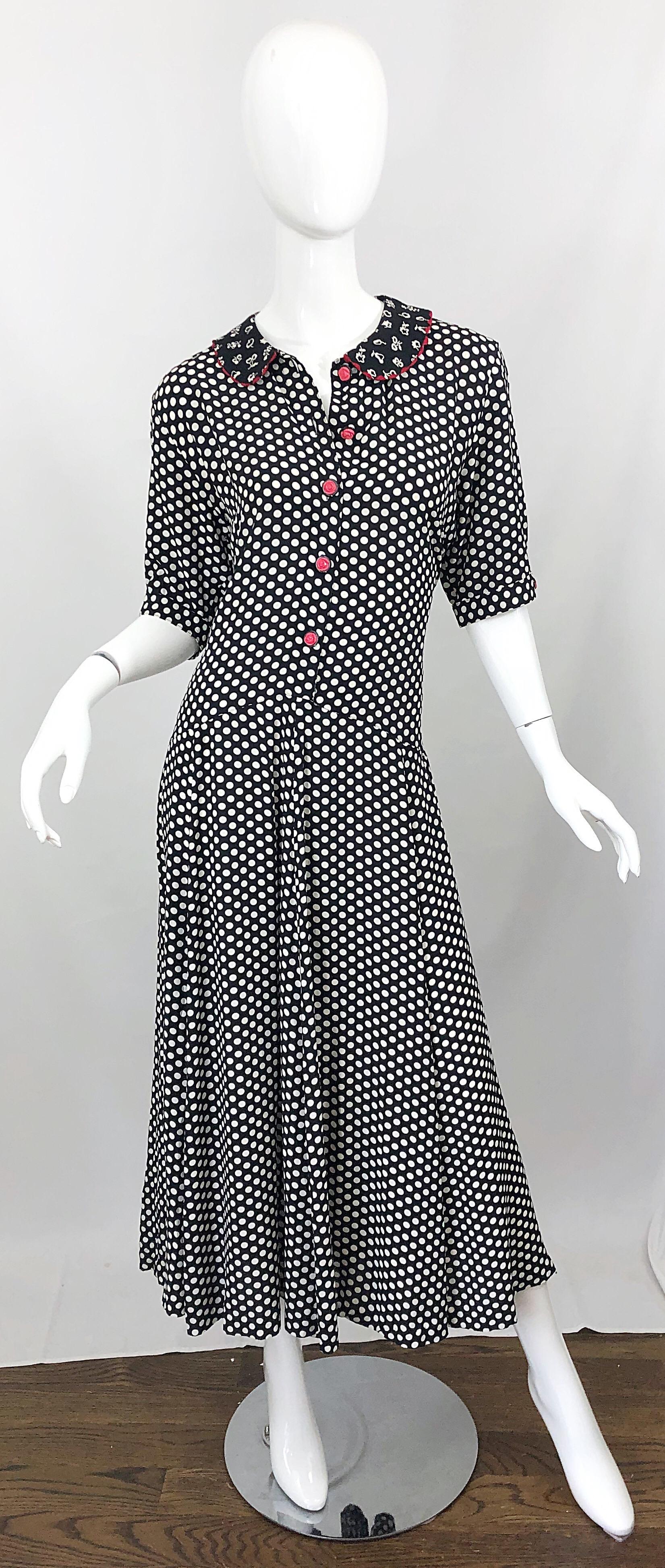1990s Large Size Black and White Polka Dot Novelty Print Vintage 90s Midi Dress 5
