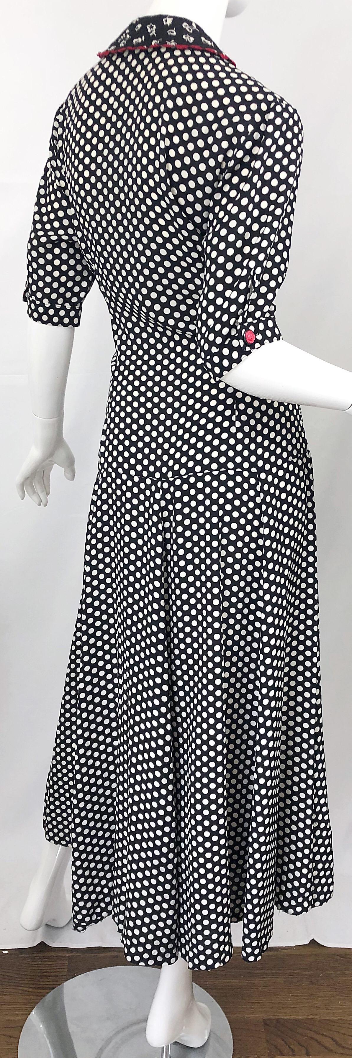 1990s Large Size Black and White Polka Dot Novelty Print Vintage 90s Midi Dress 6