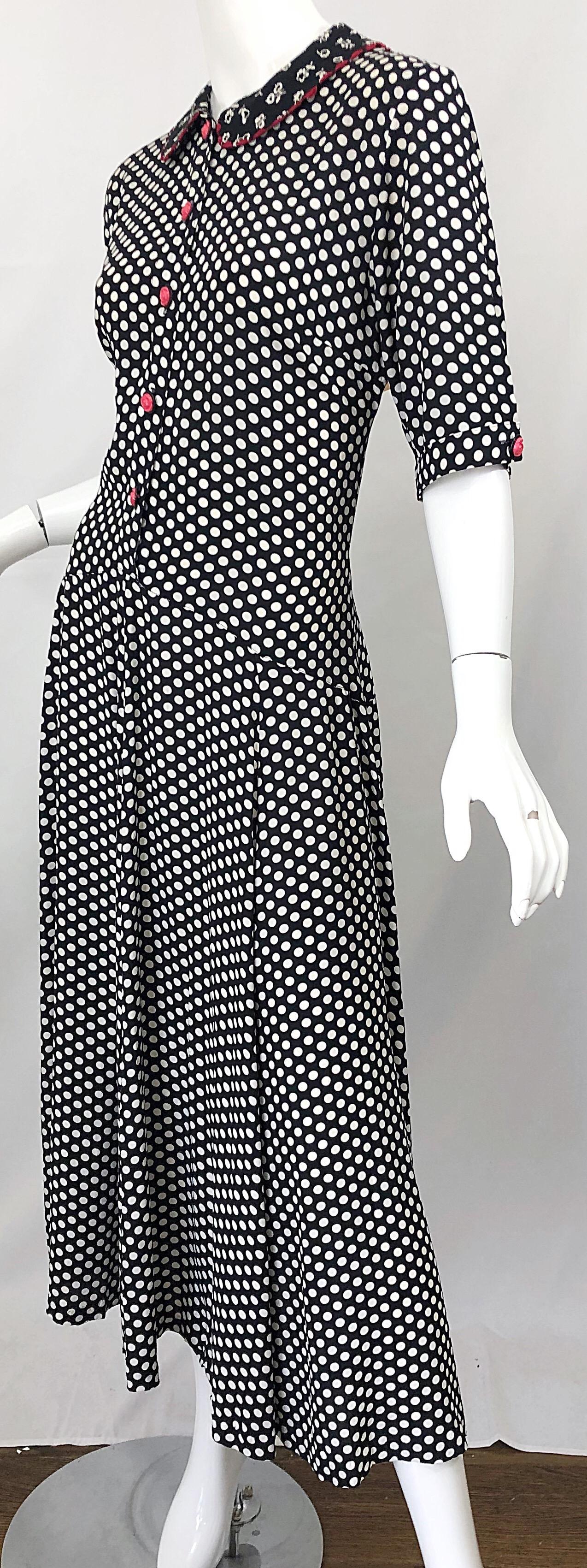 1990s Large Size Black and White Polka Dot Novelty Print Vintage 90s Midi Dress 7