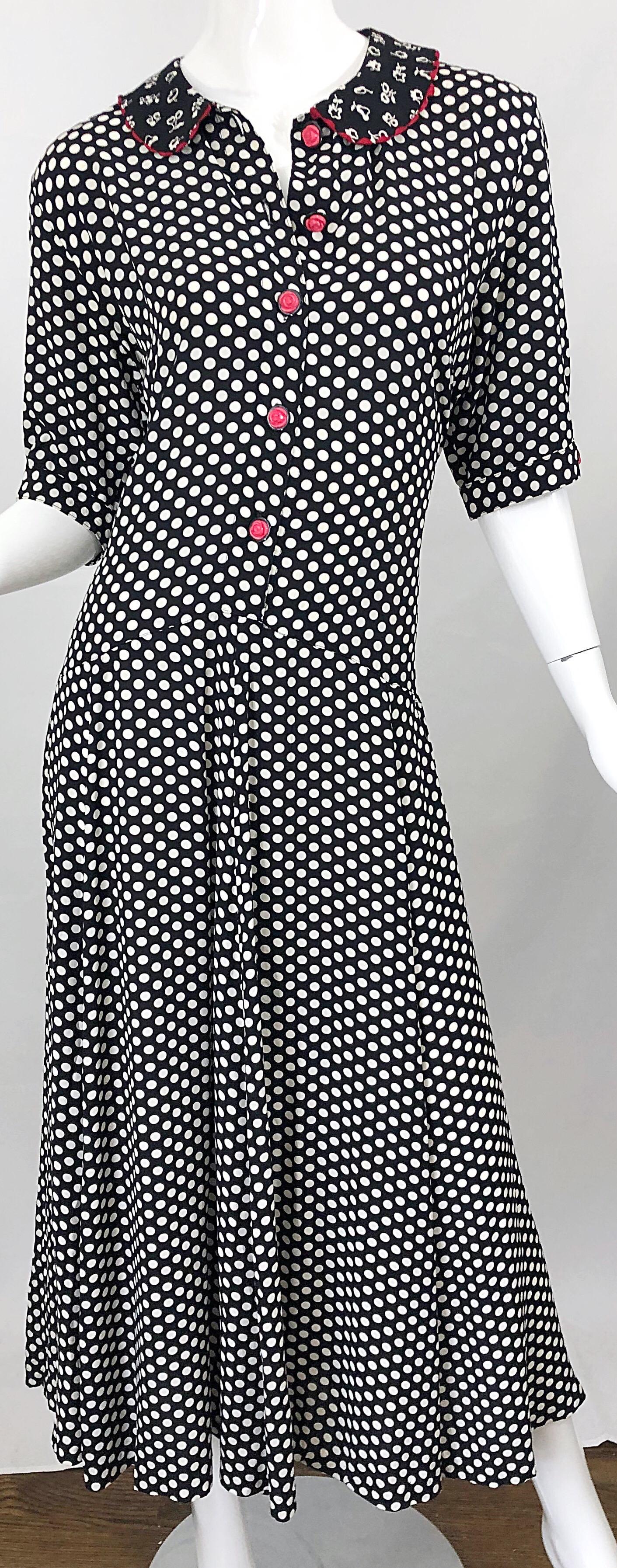 1990s Large Size Black and White Polka Dot Novelty Print Vintage 90s Midi Dress 8