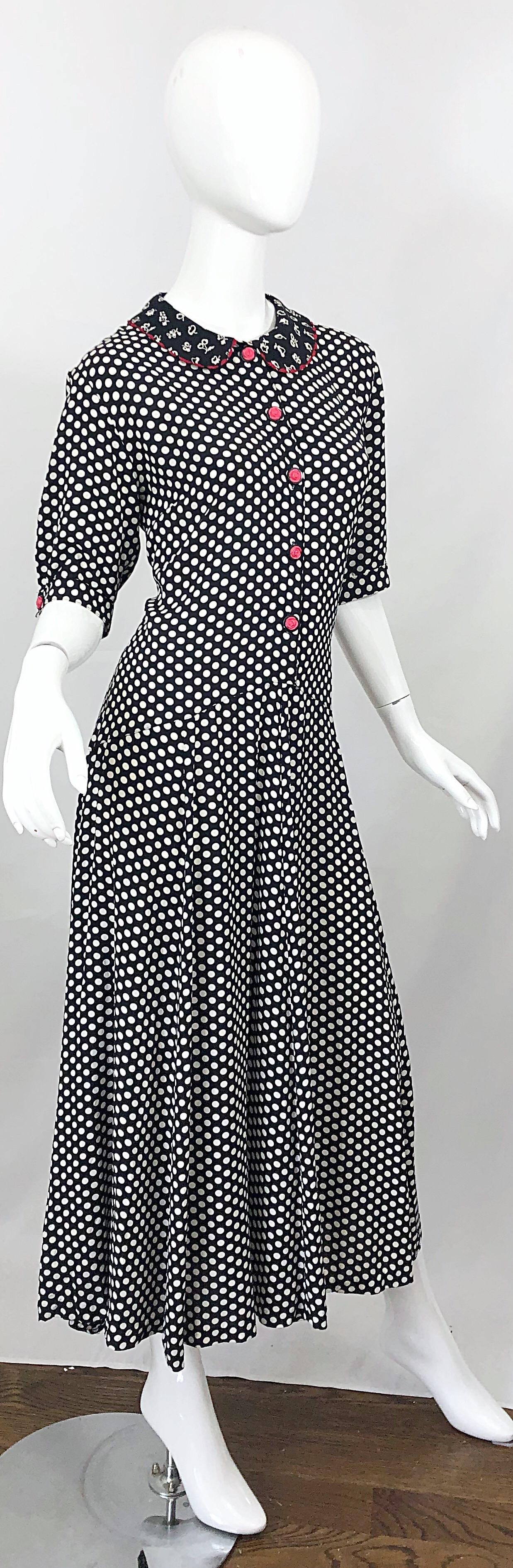 1990s Large Size Black and White Polka Dot Novelty Print Vintage 90s Midi Dress 10
