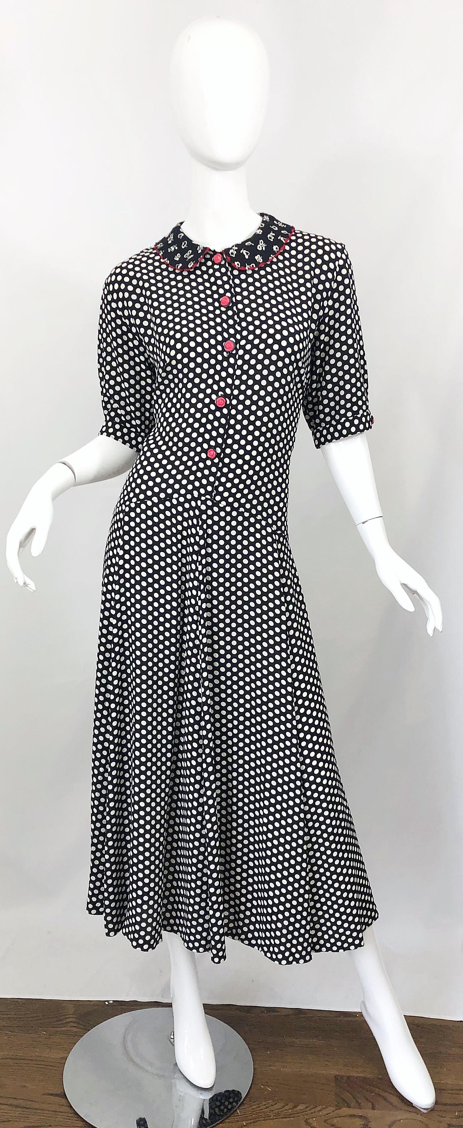 1990s Large Size Black and White Polka Dot Novelty Print Vintage 90s Midi Dress 11