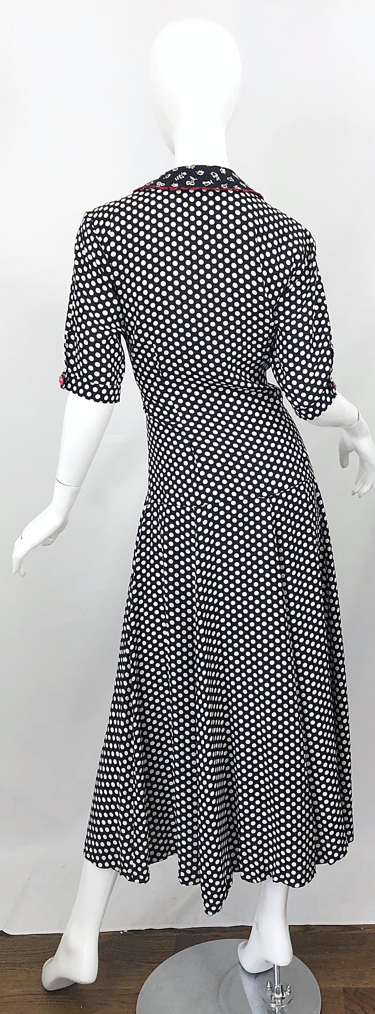 1990s Large Size Black and White Polka Dot Novelty Print Vintage 90s Midi Dress In Excellent Condition In San Diego, CA