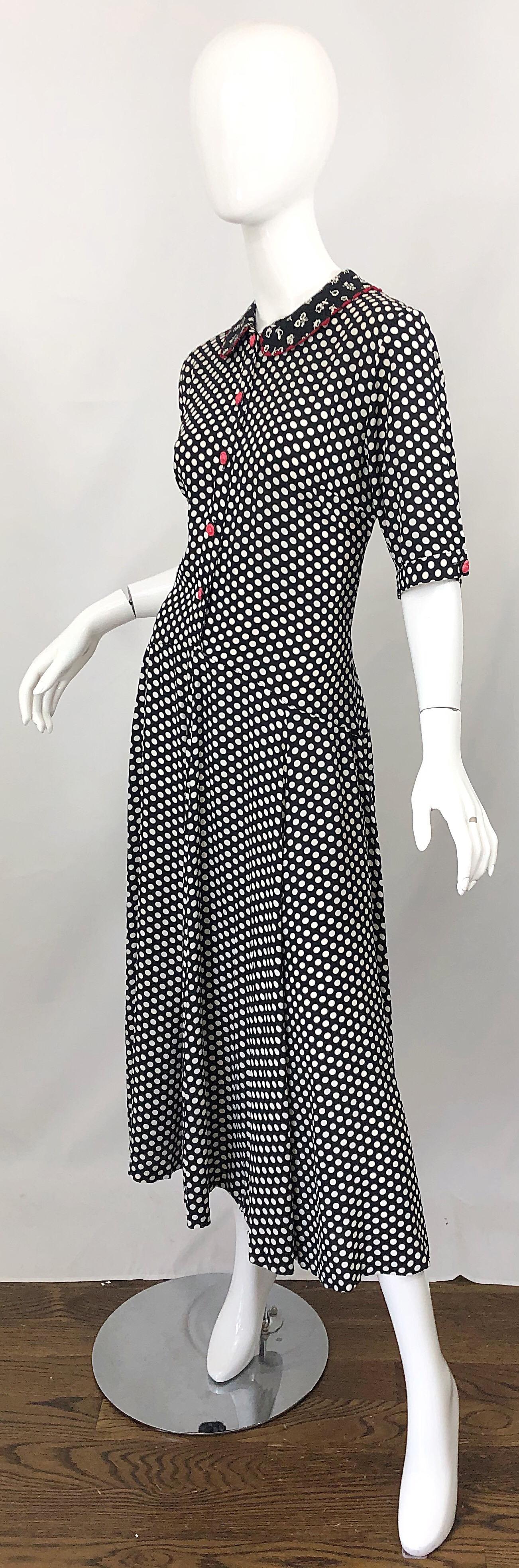 1990s Large Size Black and White Polka Dot Novelty Print Vintage 90s Midi Dress 1