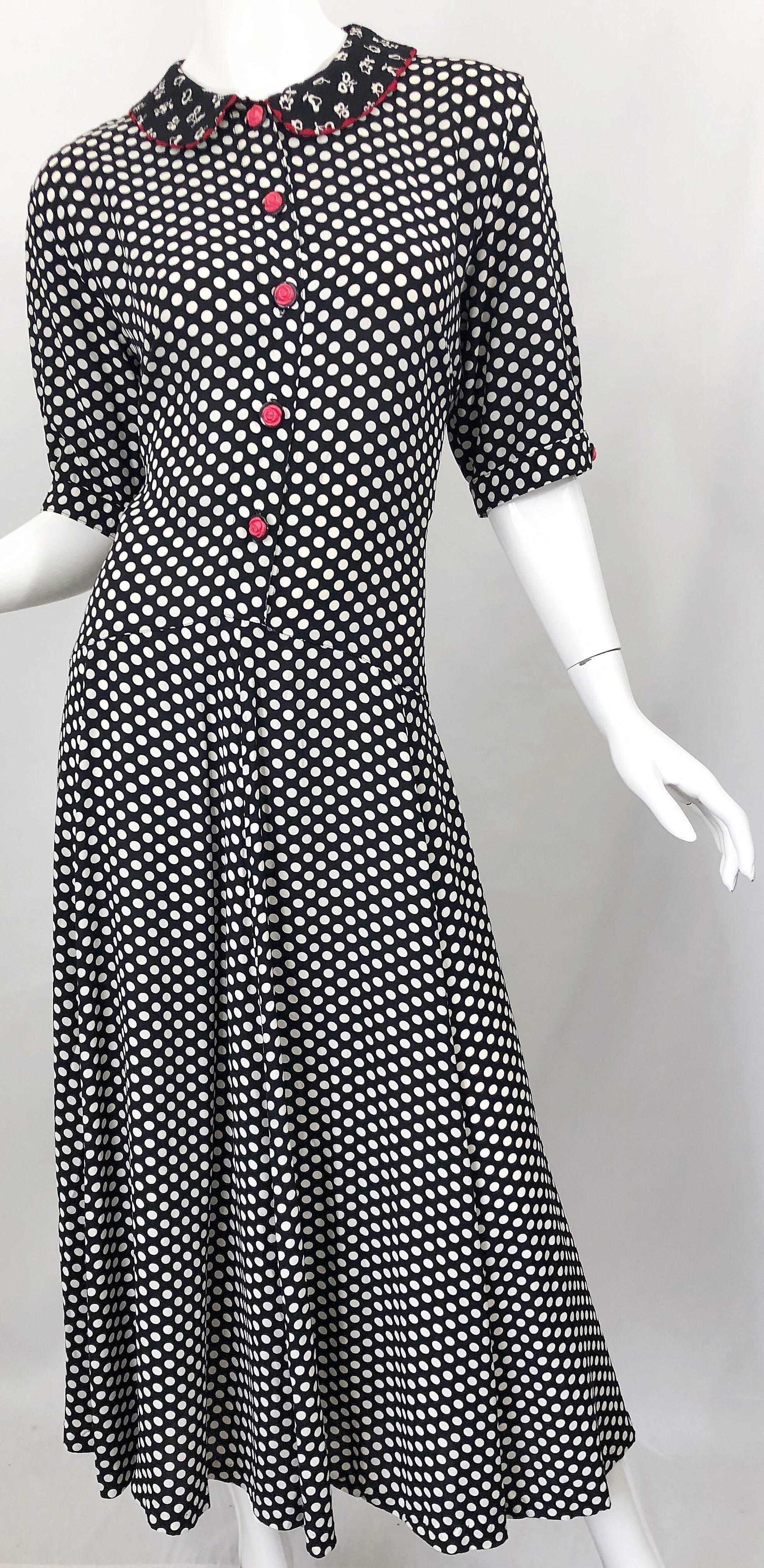 1990s Large Size Black and White Polka Dot Novelty Print Vintage 90s Midi Dress 3