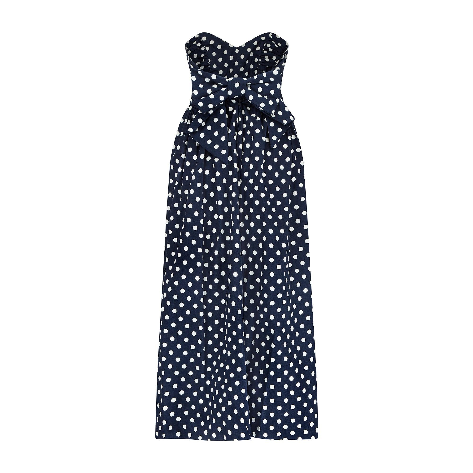 Vestido sin tirantes de lunares azul marino de los años 90 de Laura Ashley Negro en venta