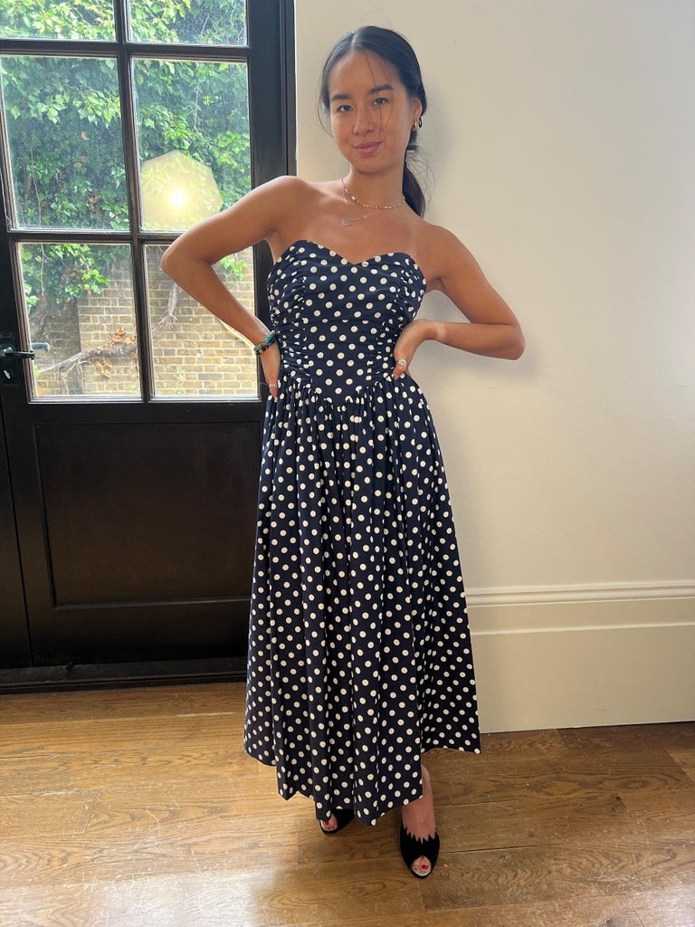 navy blue dress for baby girl 90s Betsey Johnson Silk Polka Dot Slip Dress — Madly Vintage