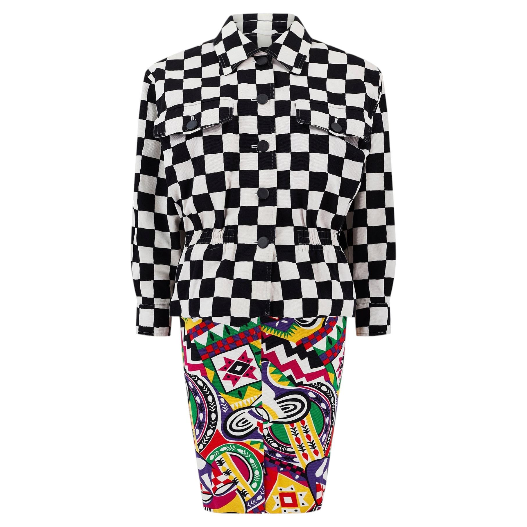 1990s Laurèl Checkerboard Jacket with Outlandish Print Skirt For Sale