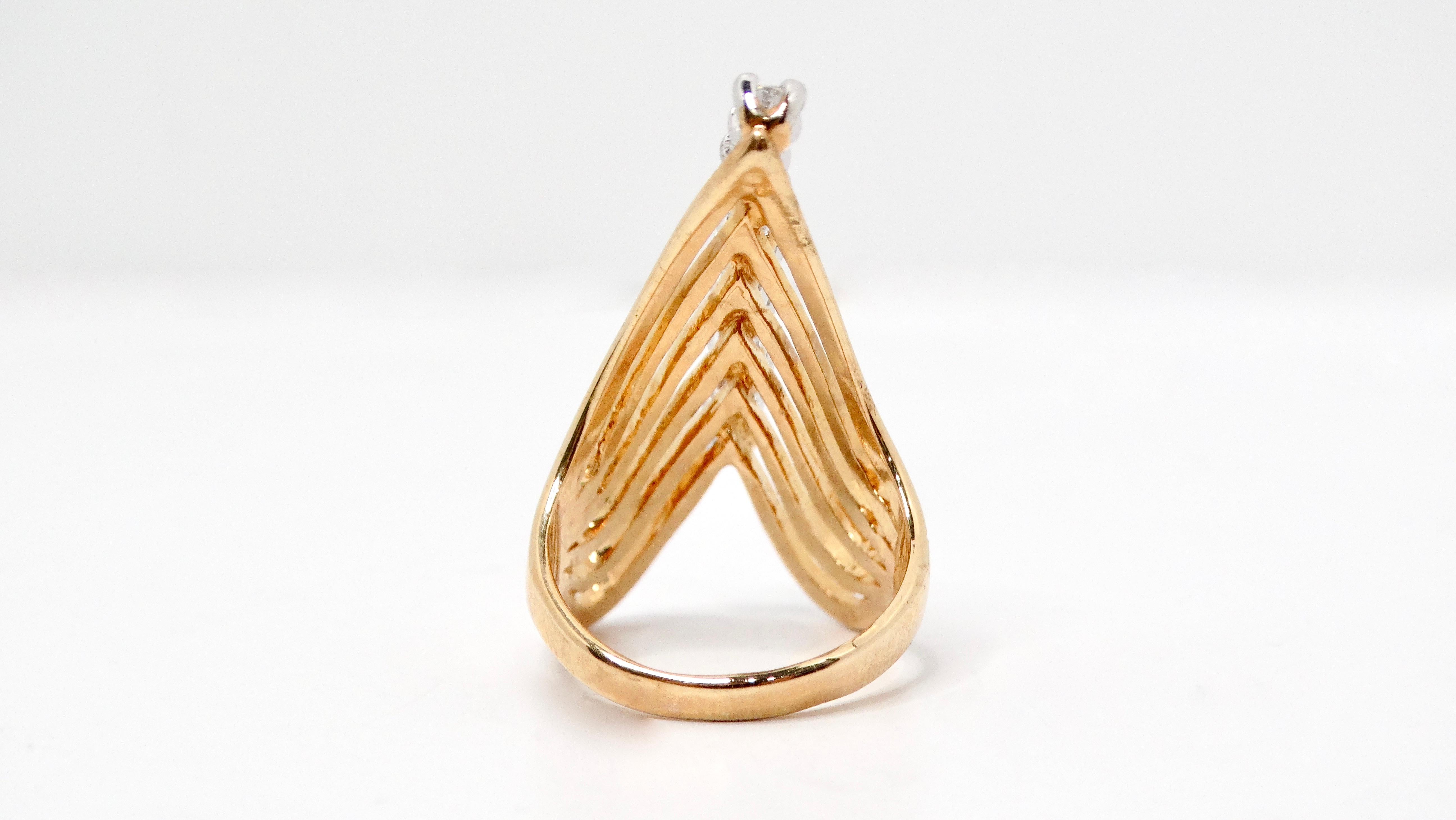 1990s Layered 18k Gold Plated V-Shape Crystal Fashion Ring In Good Condition For Sale In Scottsdale, AZ