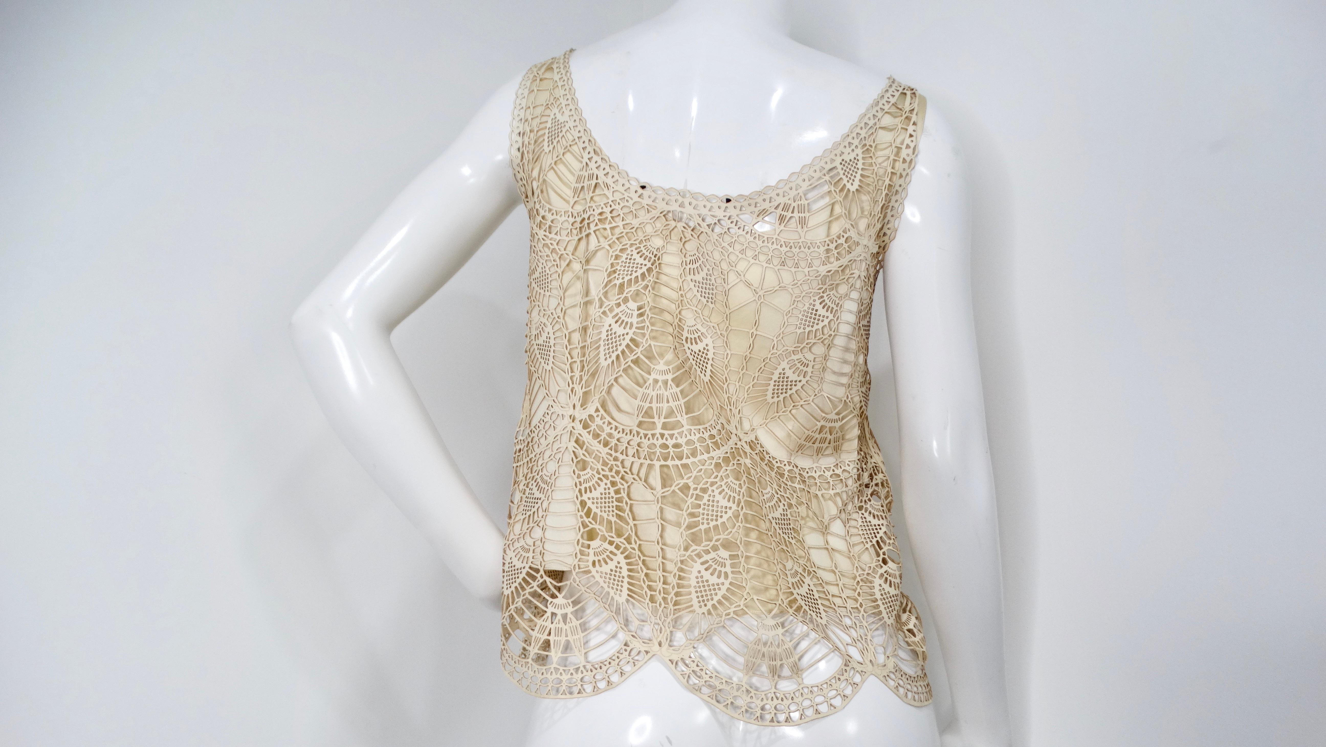 1990s Leather Crochet Style Top With Silk Slip For Sale 2
