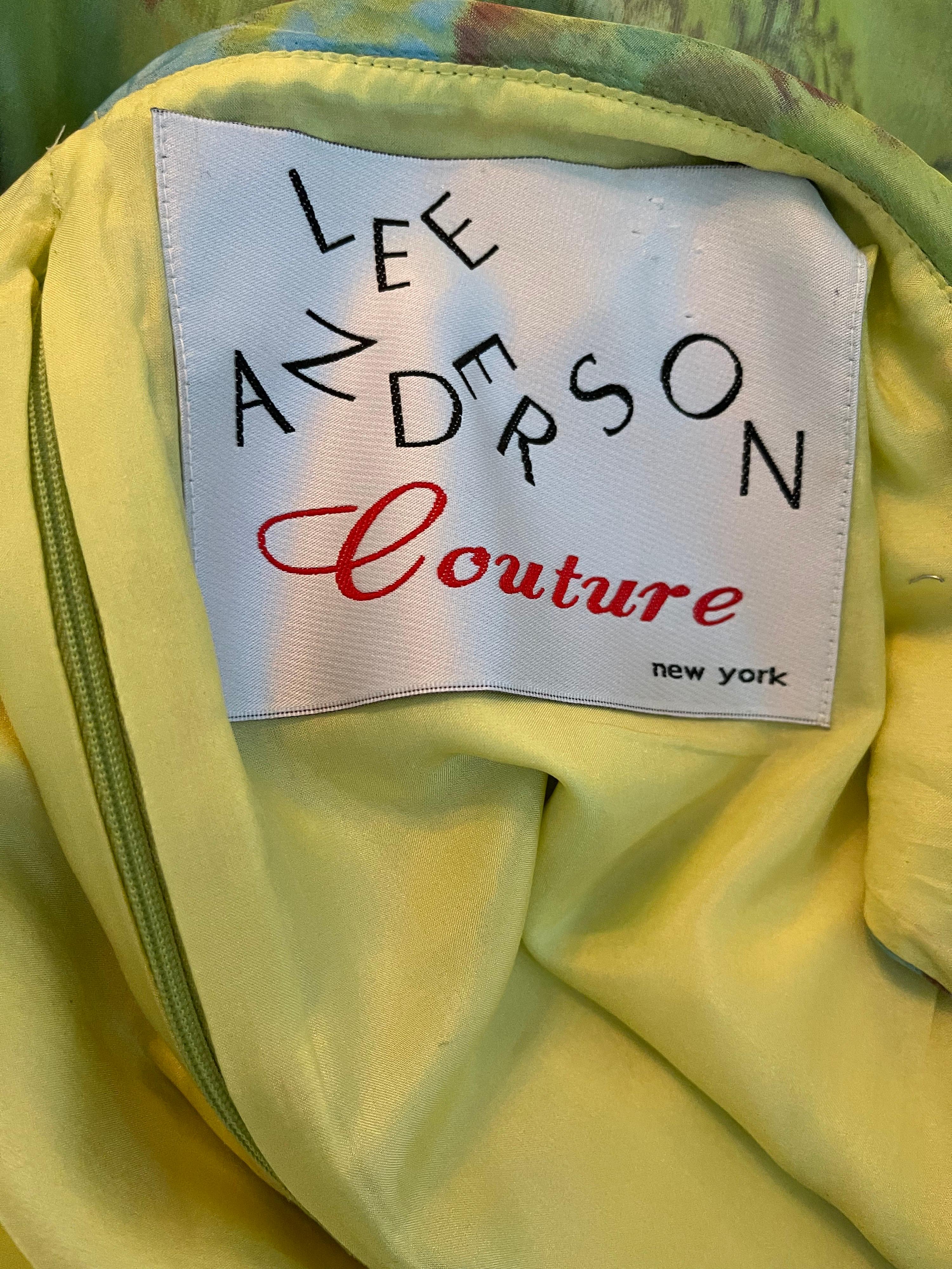 1990er Lee Alexander Couture Größe Large Seidentaft schulterfreies Vintage Kleid (Grün) im Angebot