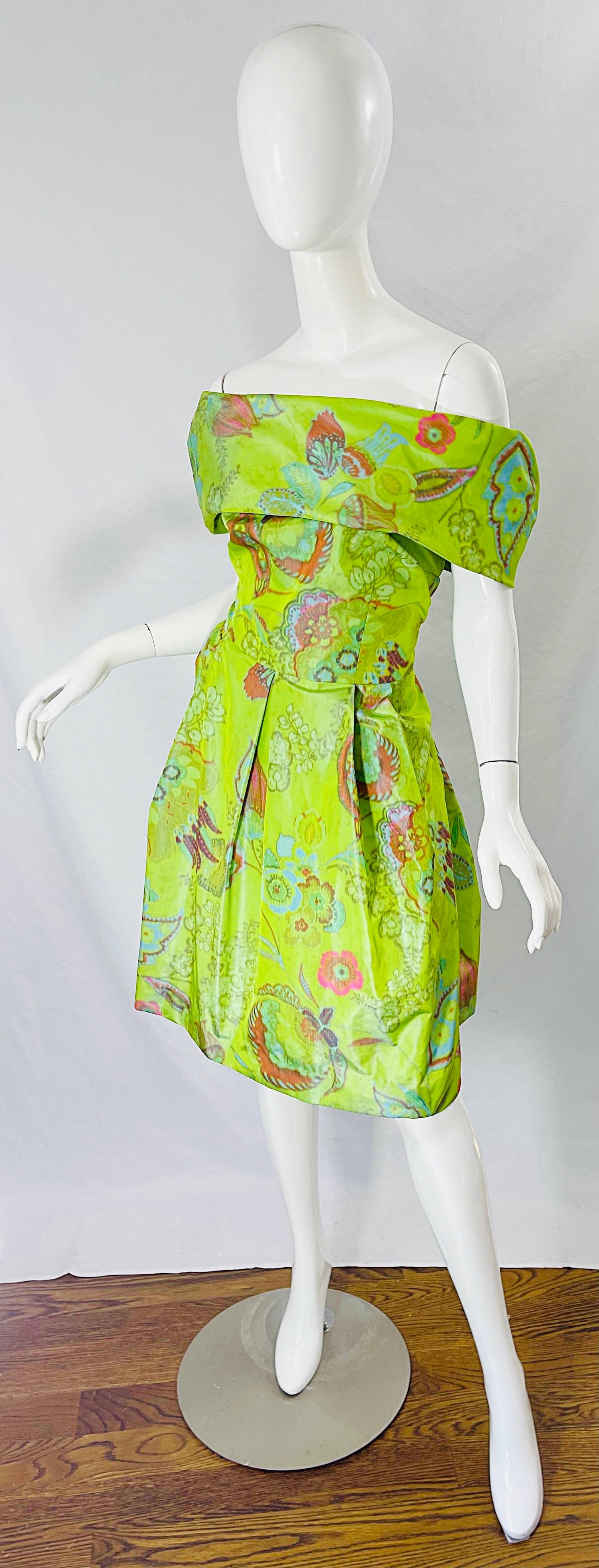 Green 1990s Lee Alexander Couture Size Large Silk Taffeta Off Shoulder Vintage Dress For Sale