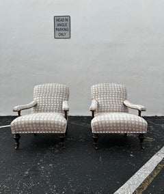 1990 Lee Industries Sillas de biblioteca inglesas con ruedas, color beige blanco, lote de 2