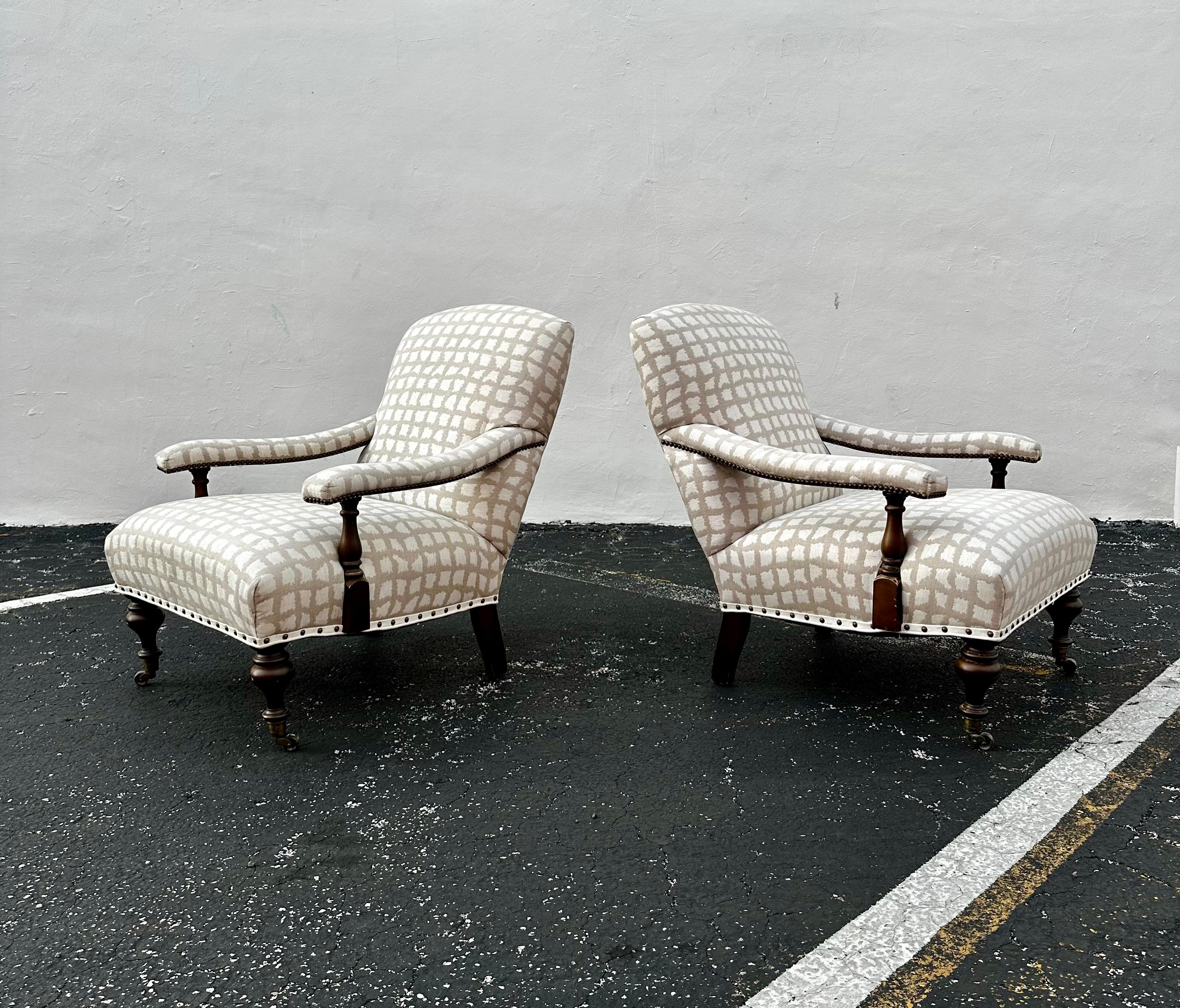 Américain 1990 Lee Industries Bibliothèque anglaise Biege White Linen  sur roulettes, ensemble de 2 en vente