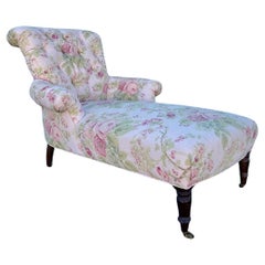 1990s Lee Industries English Linen Floral Tufted Chaise on Castors